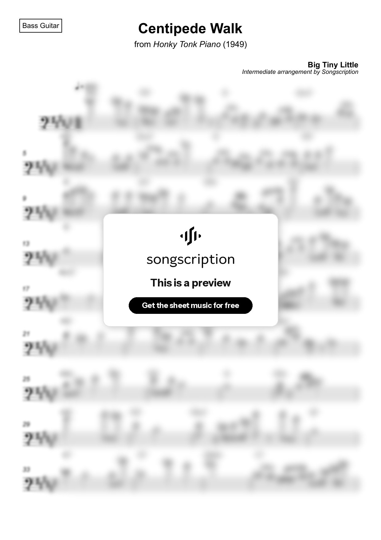 Intermediate Bass Guitar Sheet Music for "Centipede Walk" by Big Tiny Little