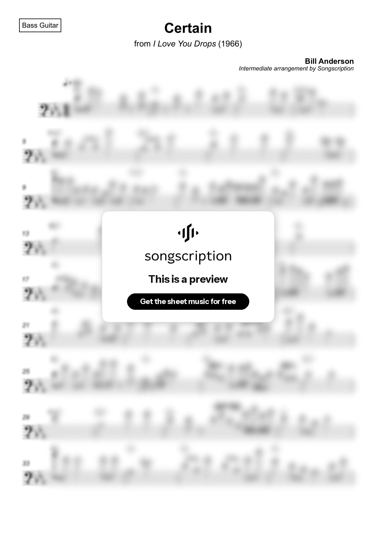 Intermediate Bass Guitar Sheet Music for "Certain" by Bill Anderson