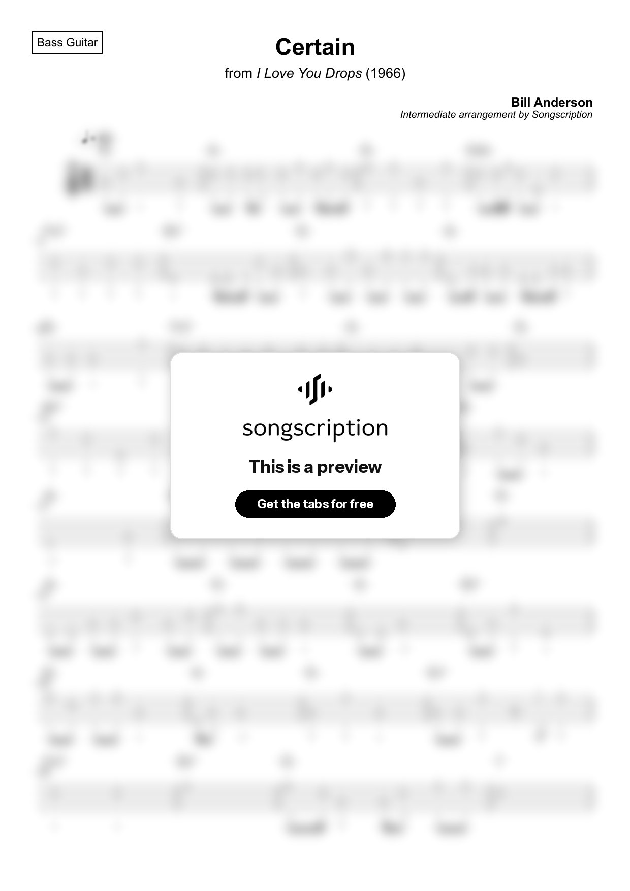 Intermediate Bass Guitar Tabs for "Certain" by Bill Anderson