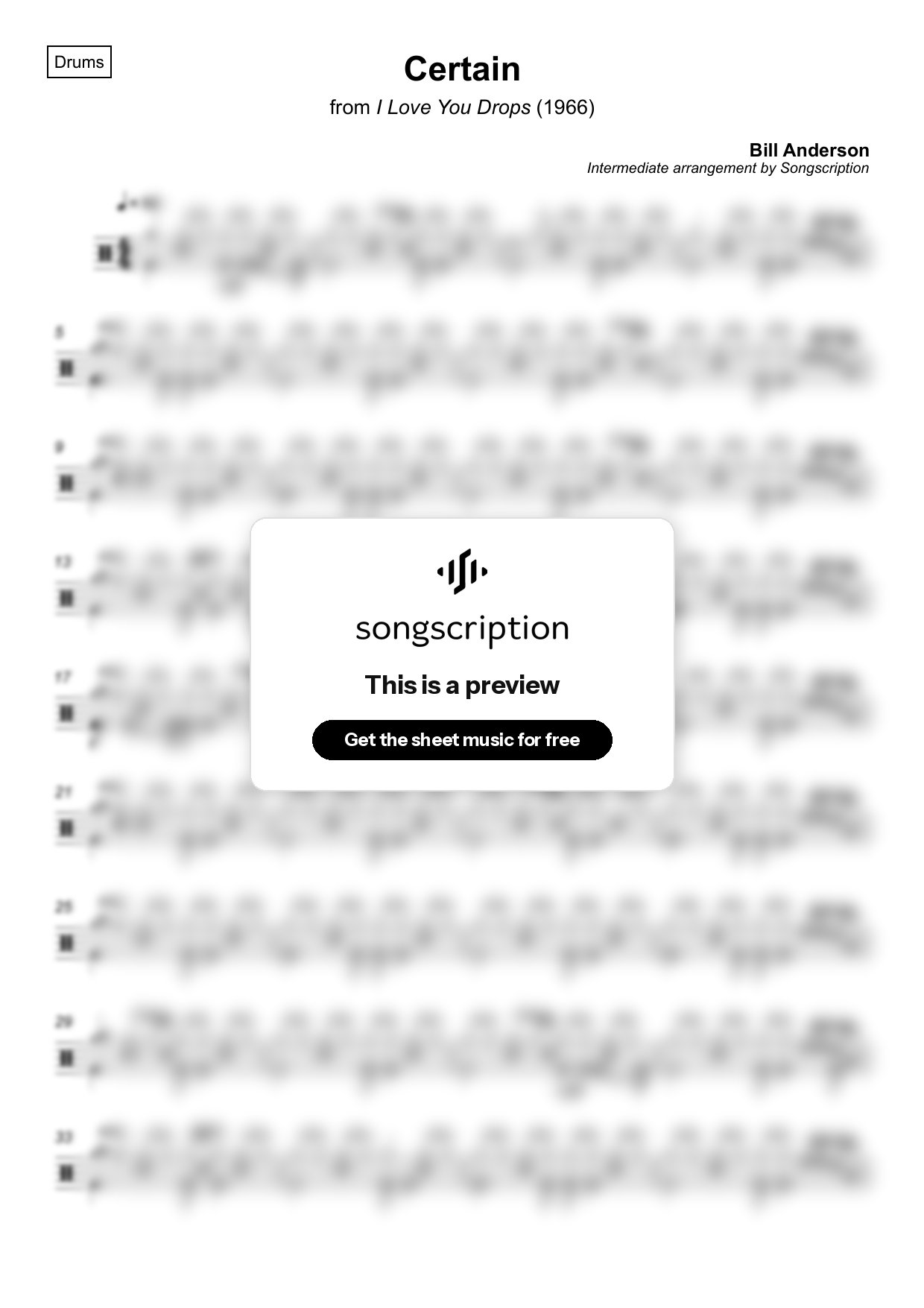 Intermediate Drums Sheet Music for "Certain" by Bill Anderson