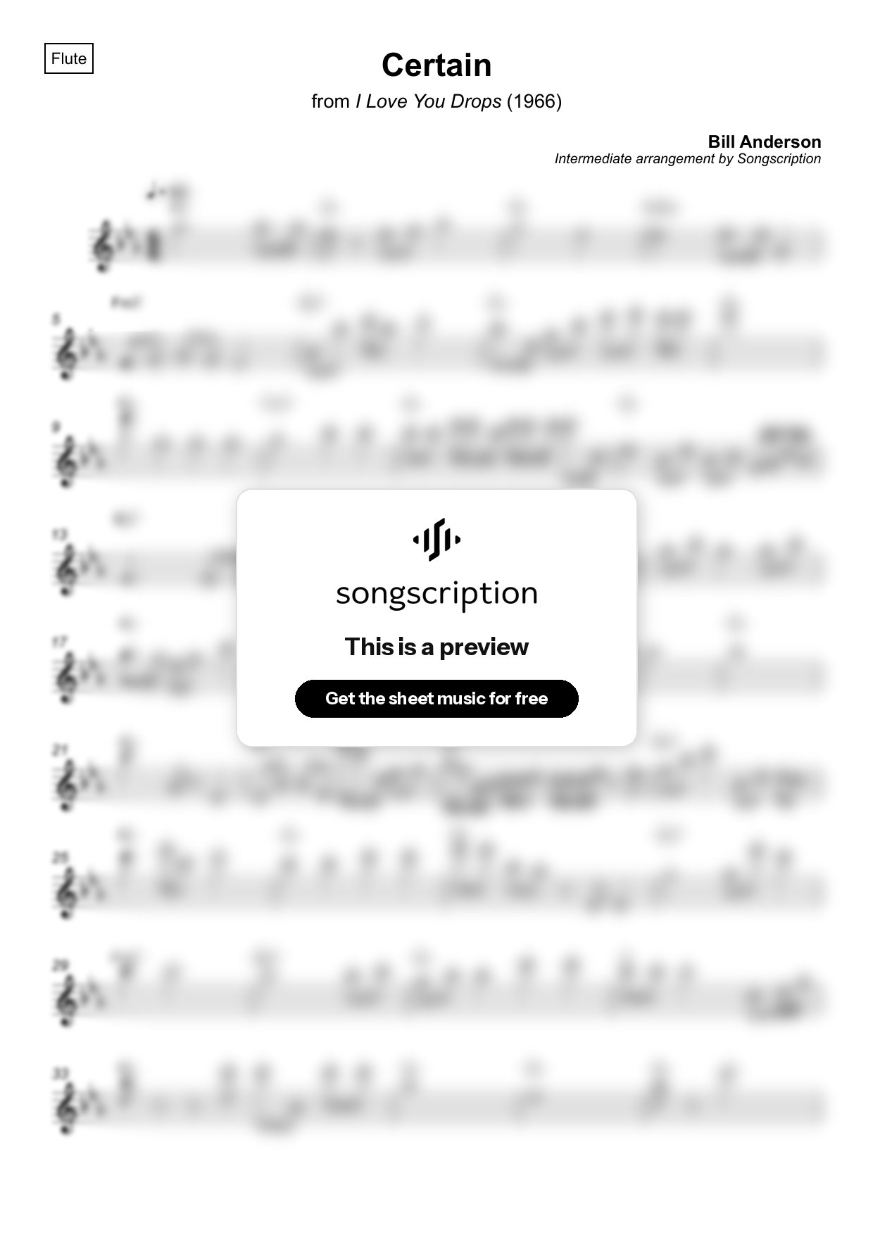 Intermediate Flute Sheet Music for "Certain" by Bill Anderson