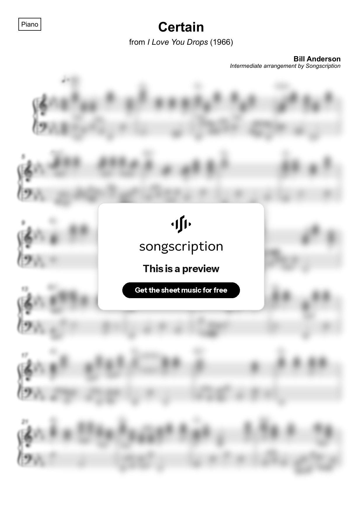 Intermediate Piano Sheet Music for "Certain" by Bill Anderson