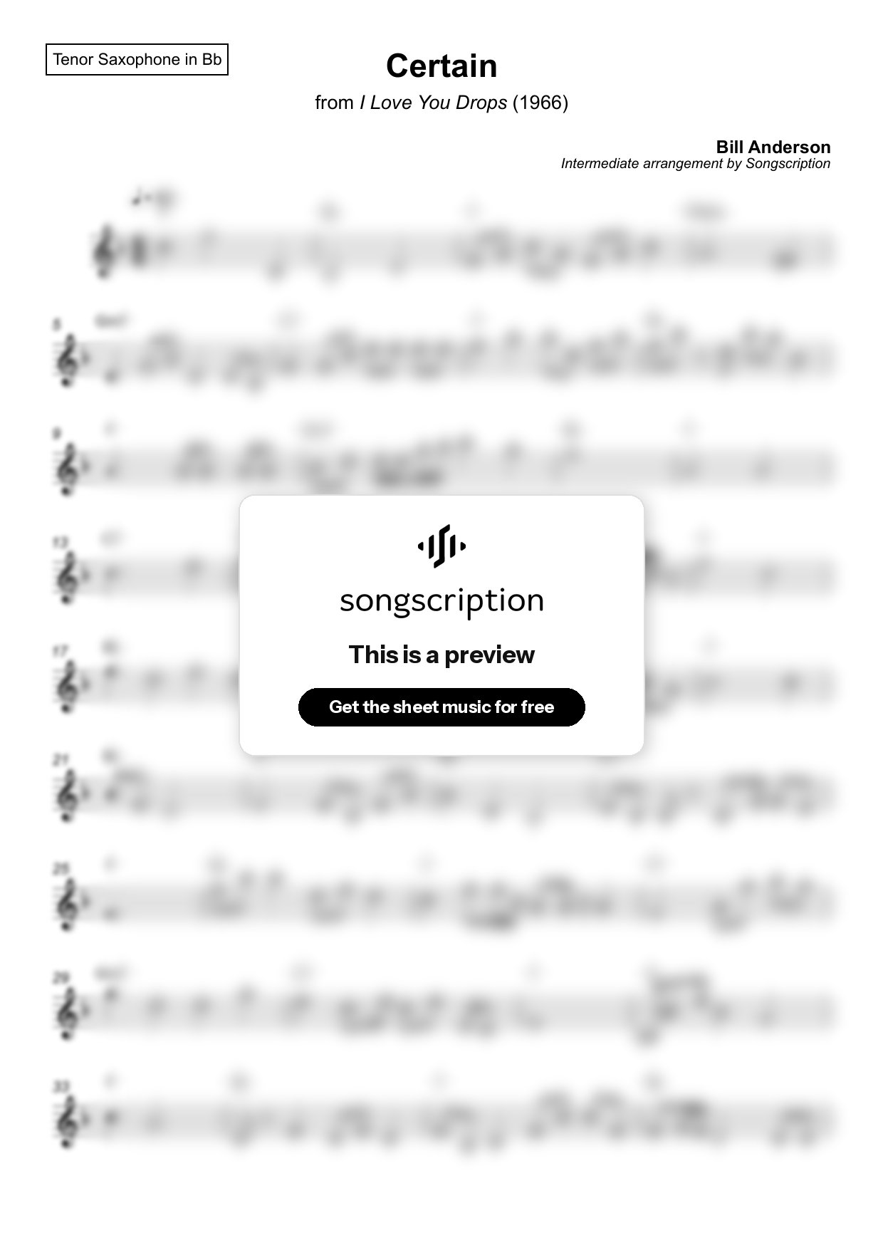 Intermediate Tenor Sax Sheet Music for "Certain" by Bill Anderson