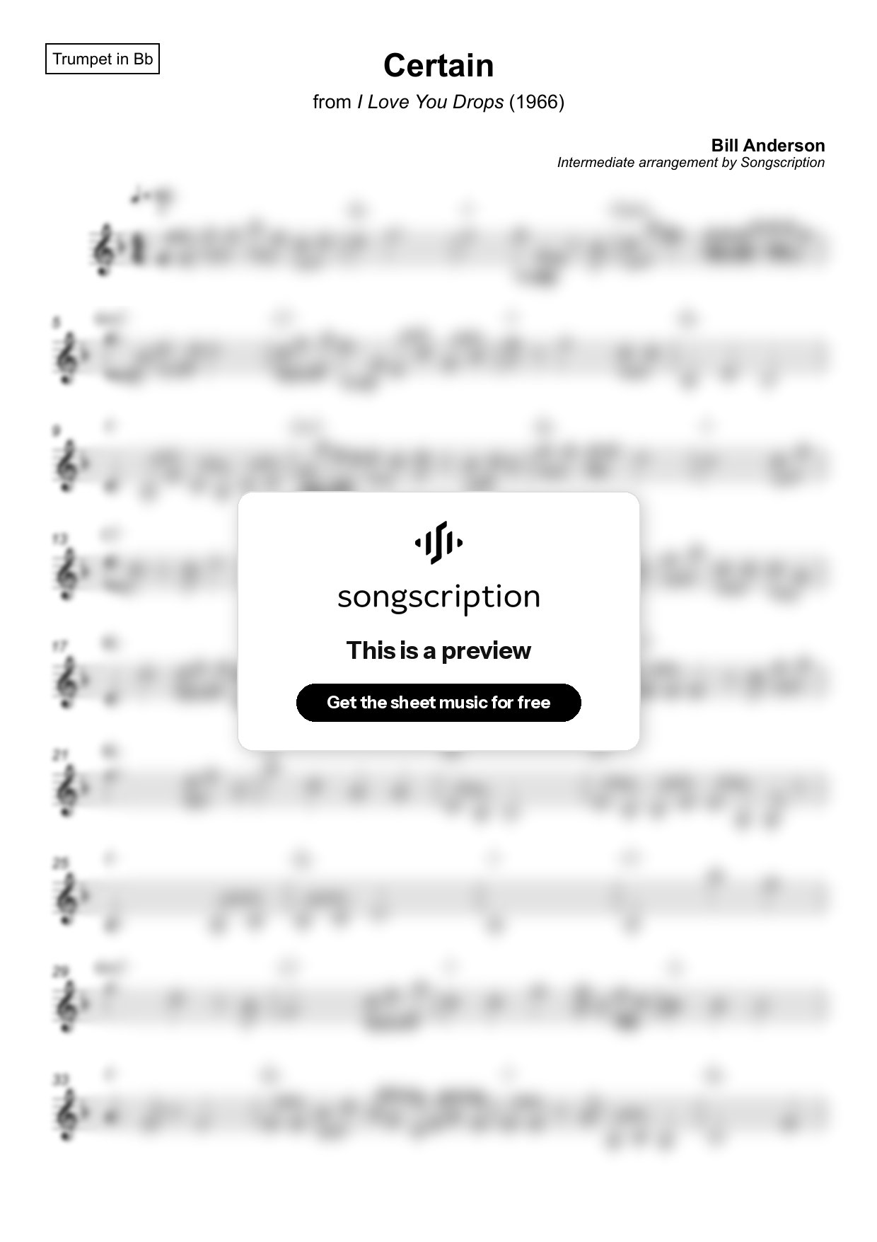 Intermediate Trumpet Sheet Music for "Certain" by Bill Anderson