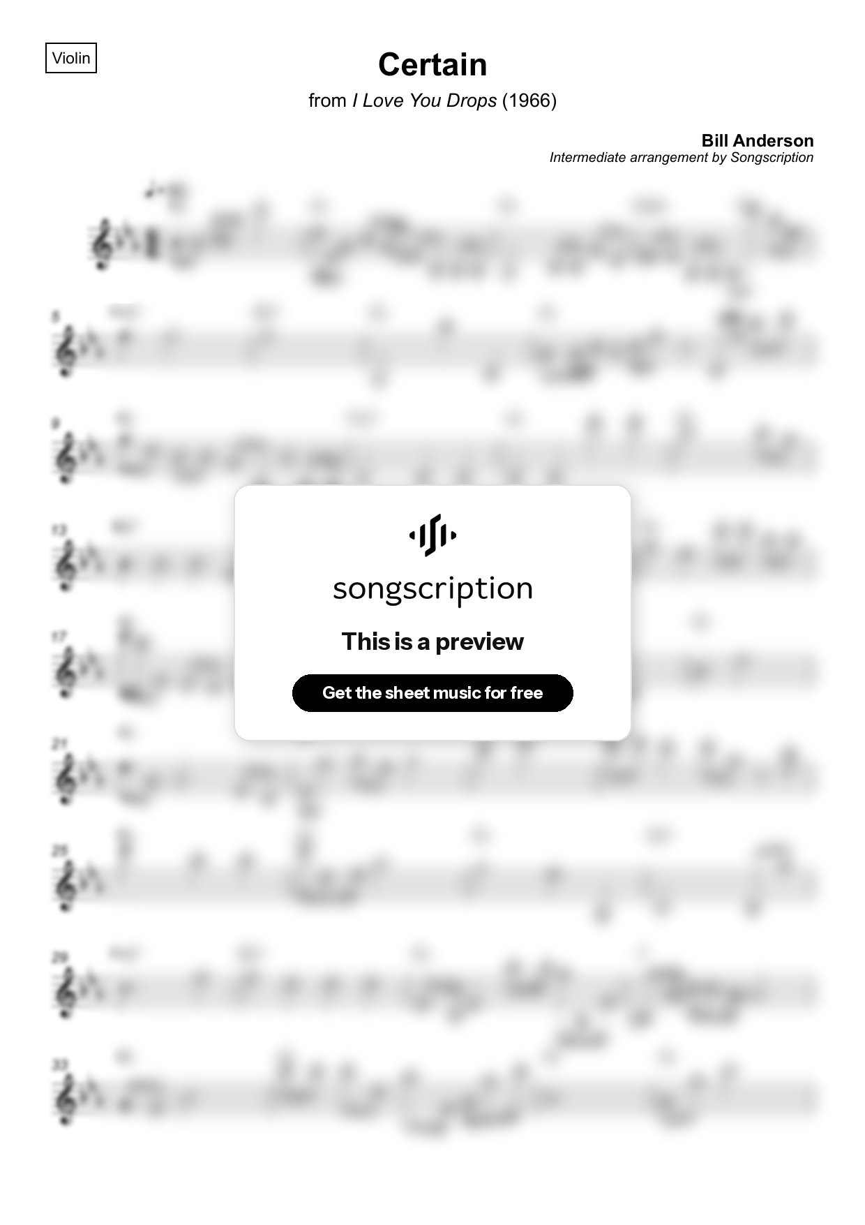 Intermediate Violin Sheet Music for "Certain" by Bill Anderson