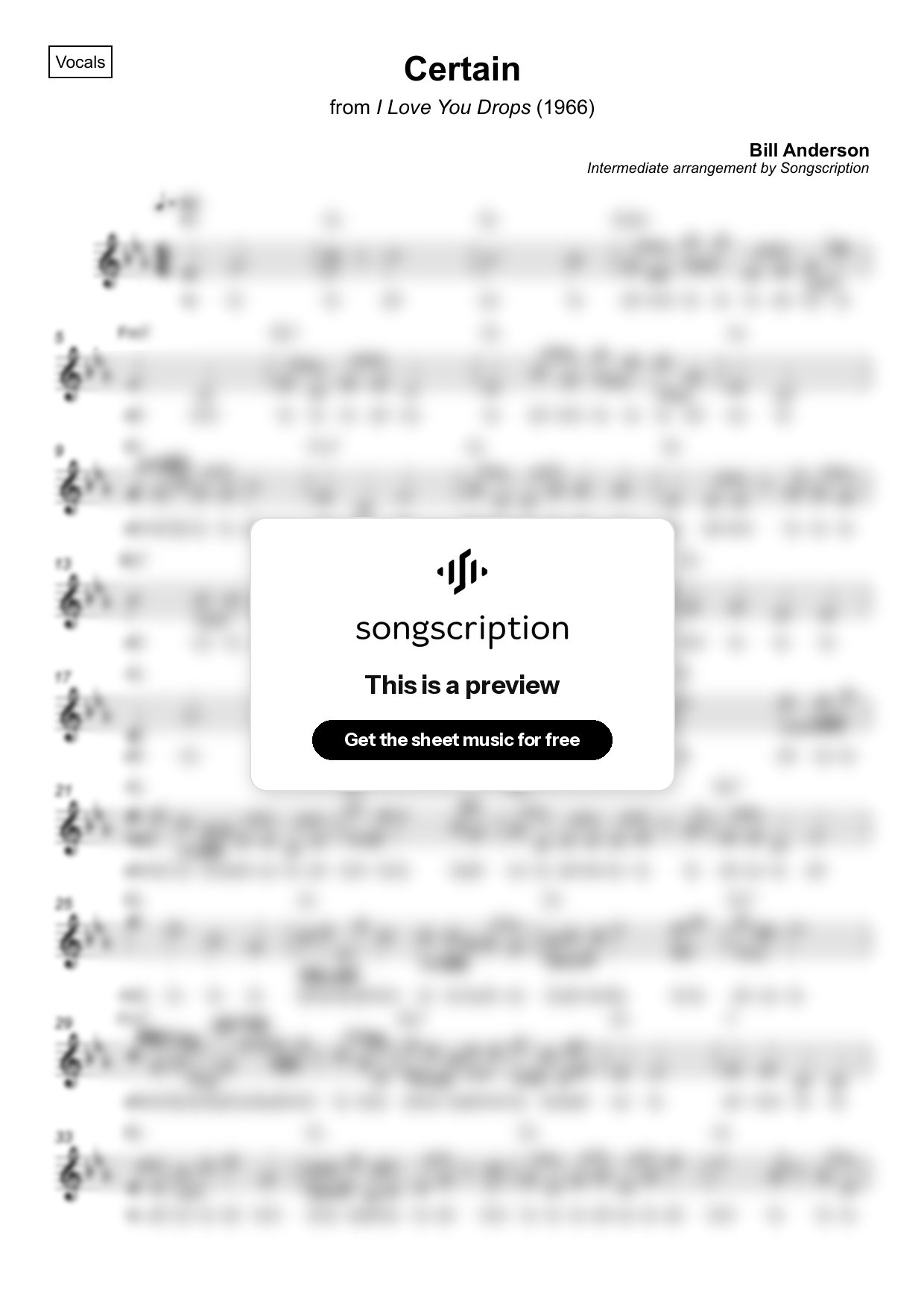 Intermediate Vocals Sheet Music for "Certain" by Bill Anderson
