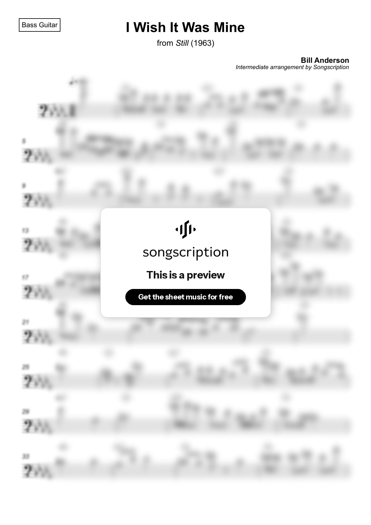 Intermediate Bass Guitar Sheet Music for "I Wish It Was Mine" by Bill Anderson