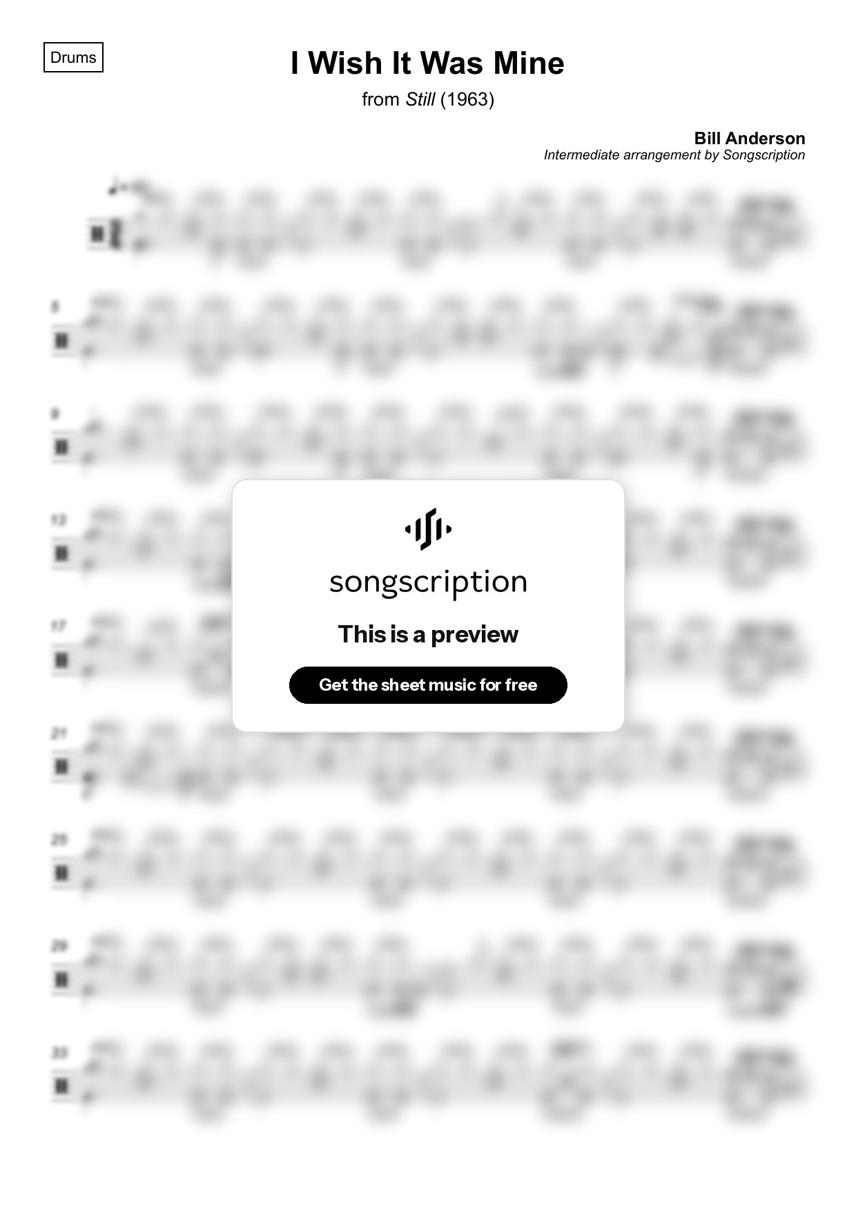 Intermediate Drums Sheet Music for "I Wish It Was Mine" by Bill Anderson