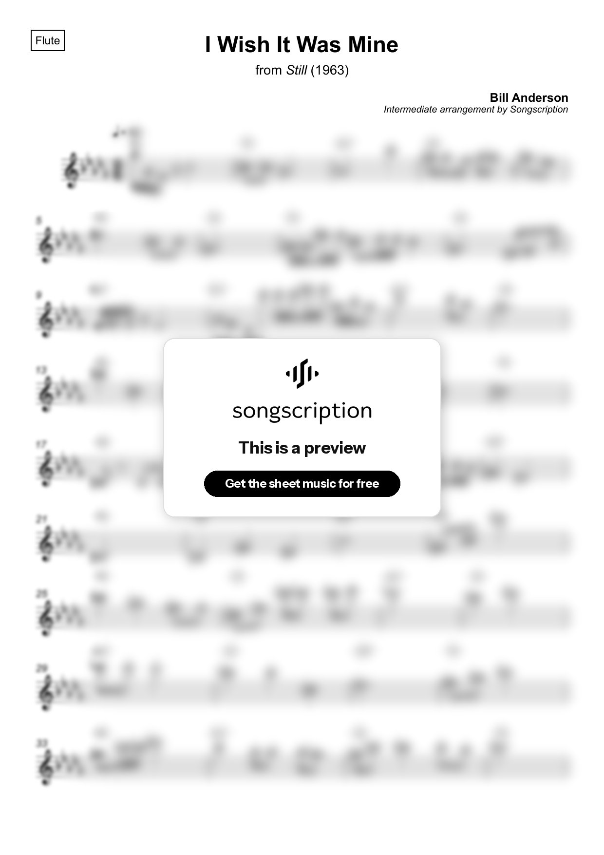 Intermediate Flute Sheet Music for "I Wish It Was Mine" by Bill Anderson