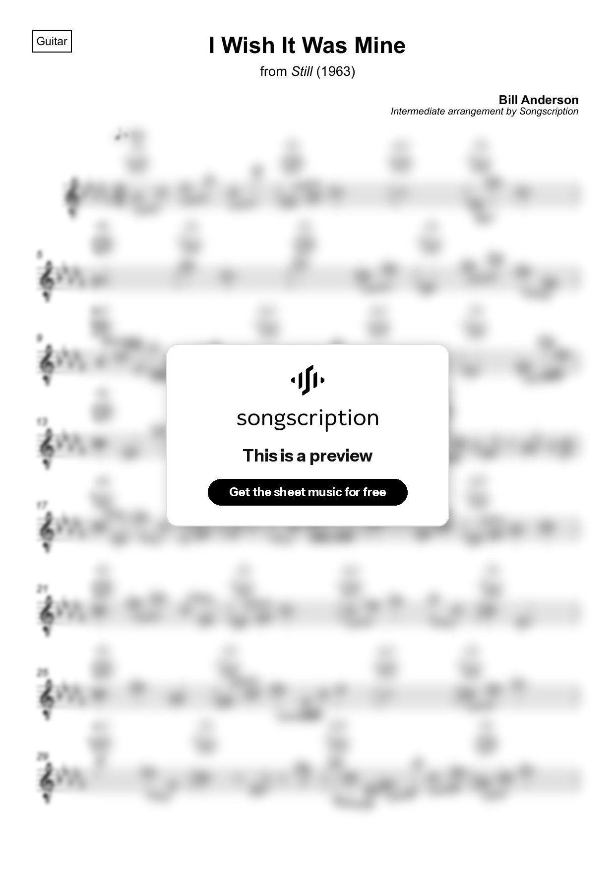 Intermediate Acoustic Guitar Sheet Music for "I Wish It Was Mine" by Bill Anderson