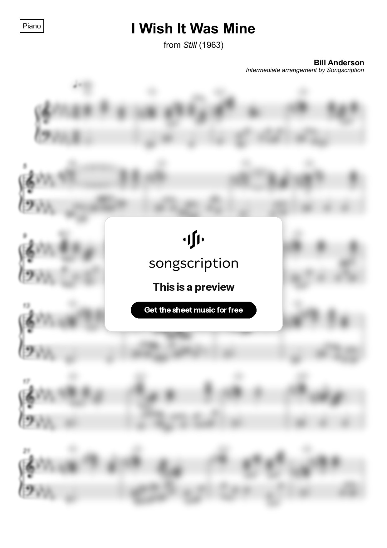 Intermediate Piano Sheet Music for "I Wish It Was Mine" by Bill Anderson