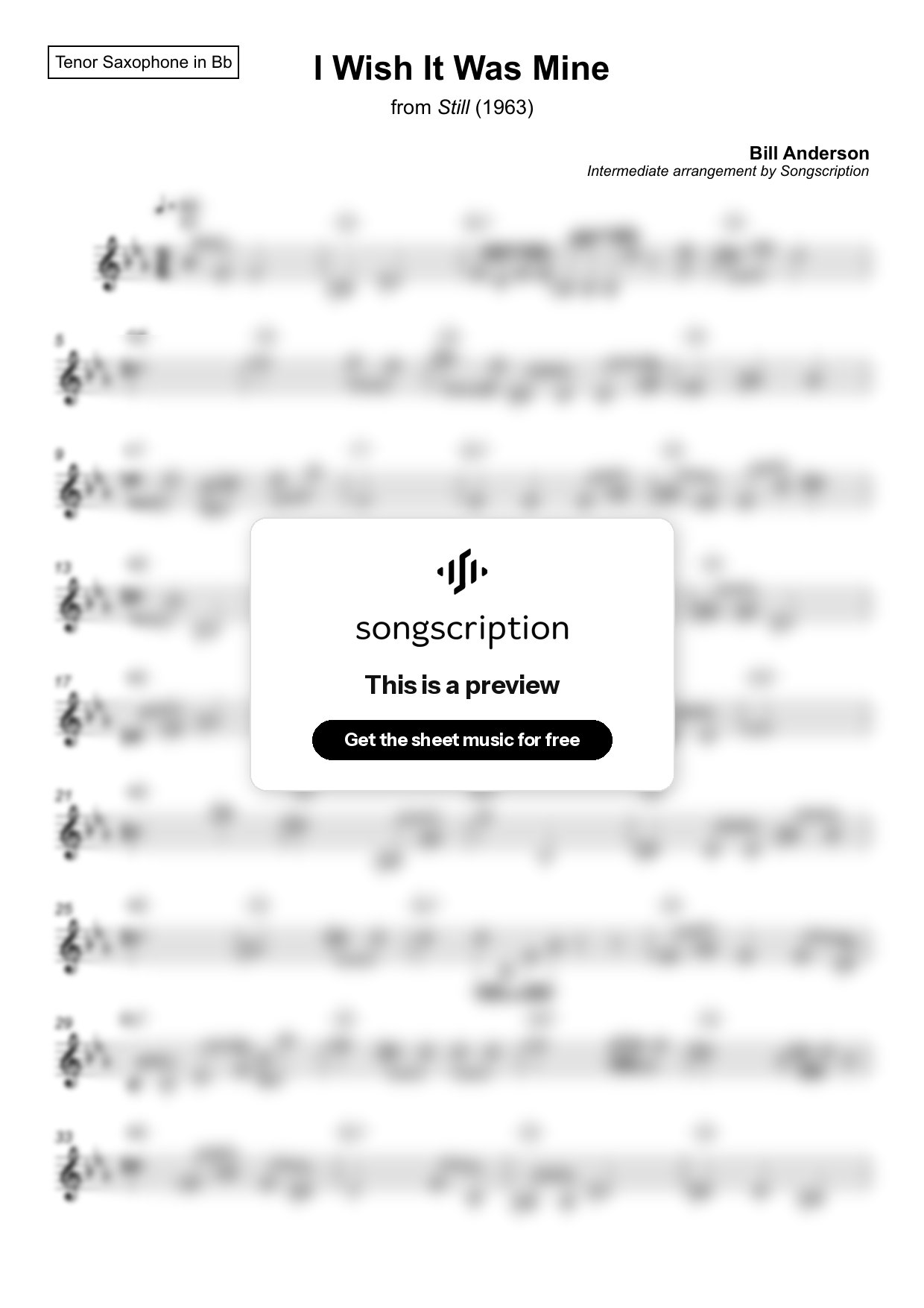 Intermediate Tenor Sax Sheet Music for "I Wish It Was Mine" by Bill Anderson