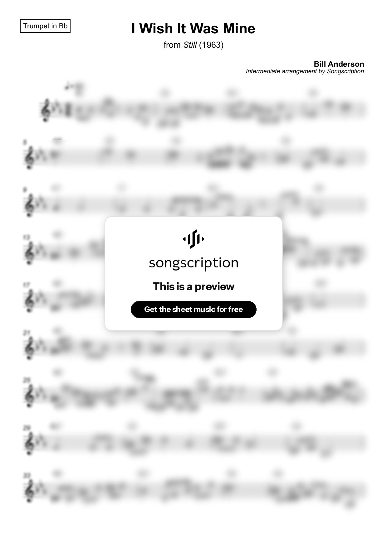 Intermediate Trumpet Sheet Music for "I Wish It Was Mine" by Bill Anderson