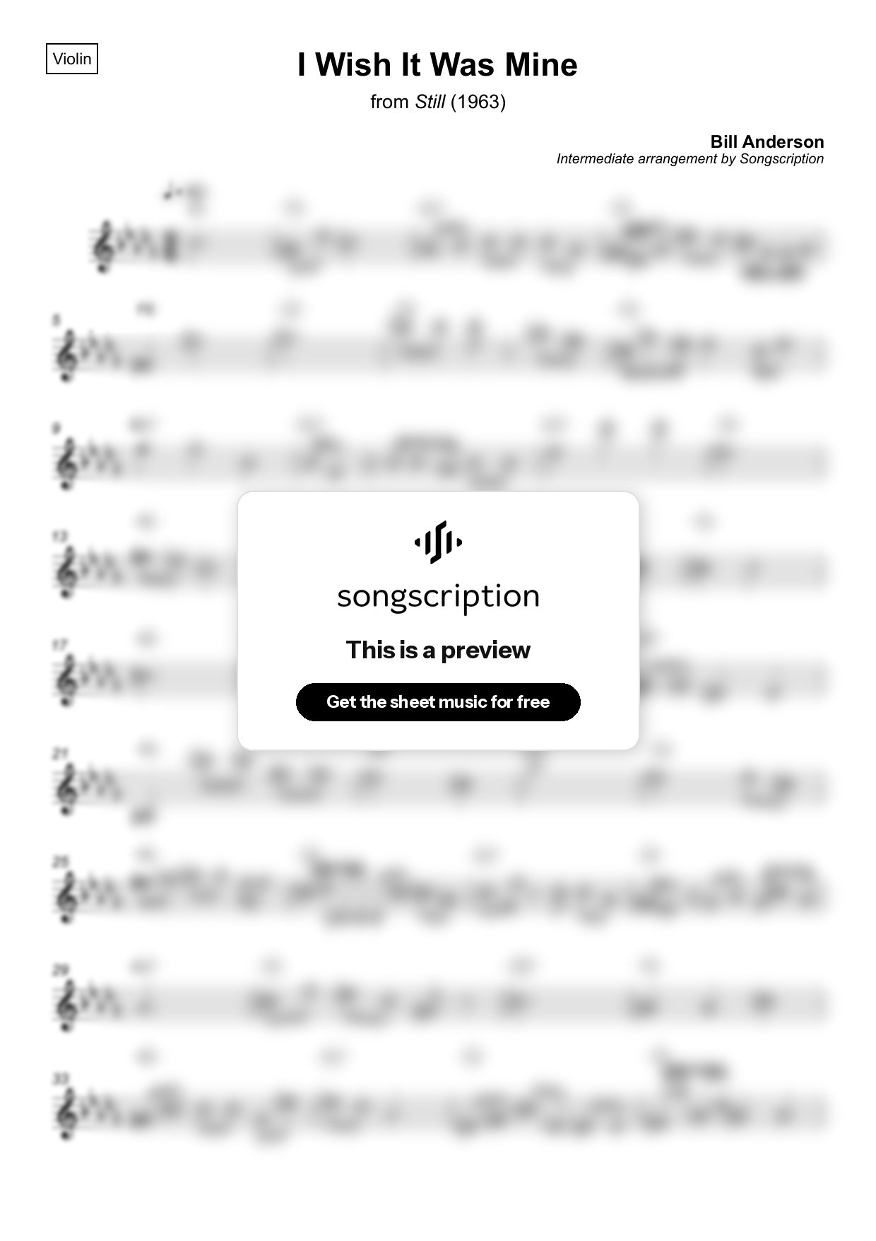 Intermediate Violin Sheet Music for "I Wish It Was Mine" by Bill Anderson
