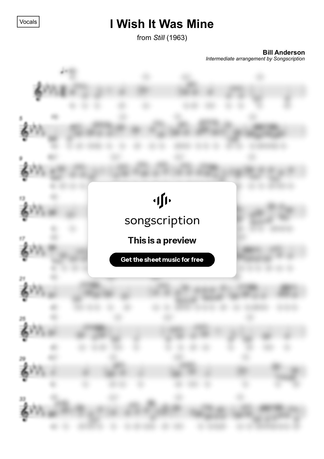 Intermediate Vocals Sheet Music for "I Wish It Was Mine" by Bill Anderson