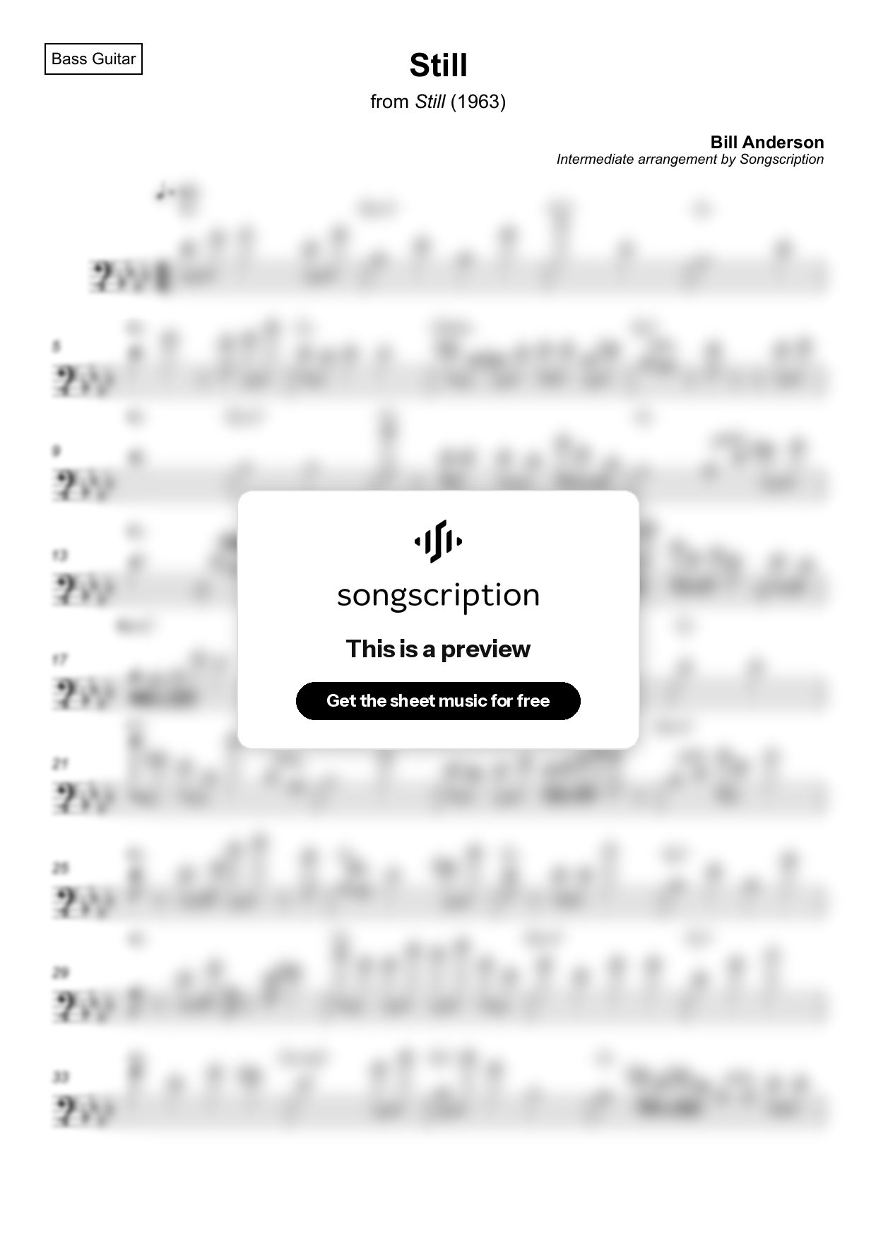 Intermediate Bass Guitar Sheet Music for "Still" by Bill Anderson