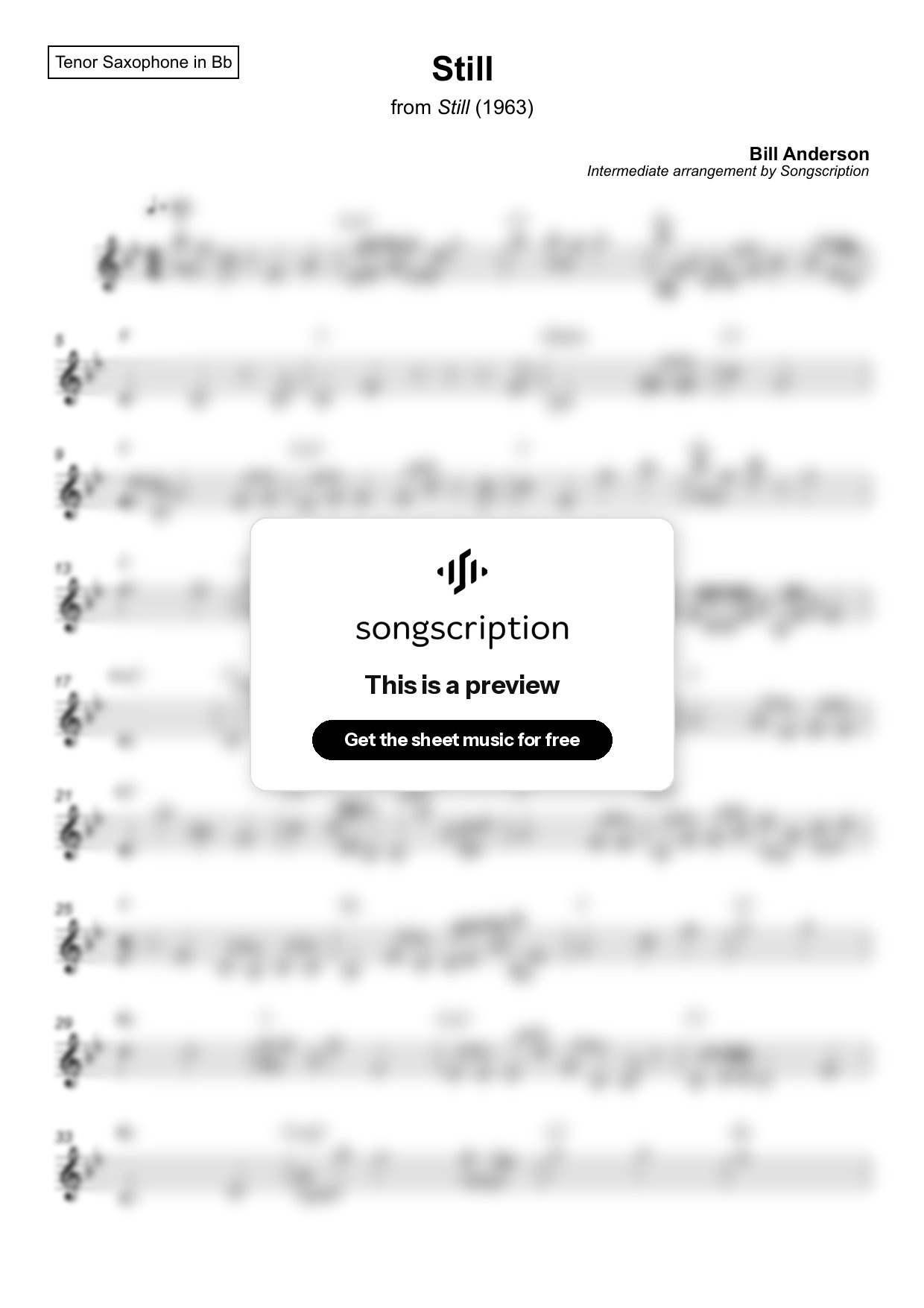 Intermediate Tenor Sax Sheet Music for "Still" by Bill Anderson