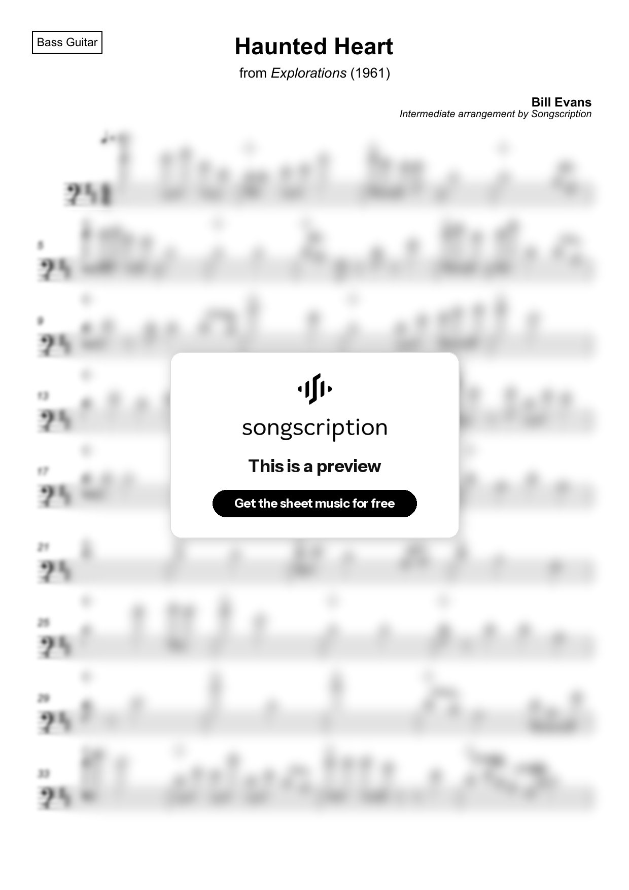 Intermediate Bass Guitar Sheet Music for "Haunted Heart" by Bill Evans