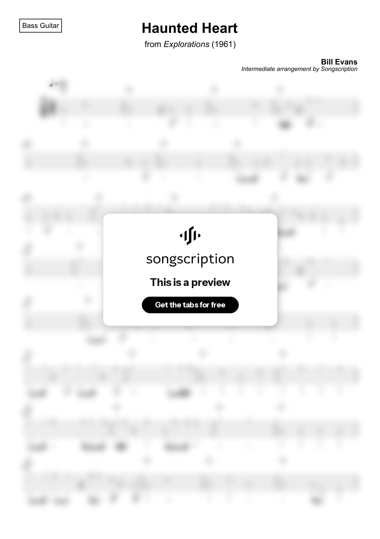 Intermediate Bass Guitar Tabs for "Haunted Heart" by Bill Evans