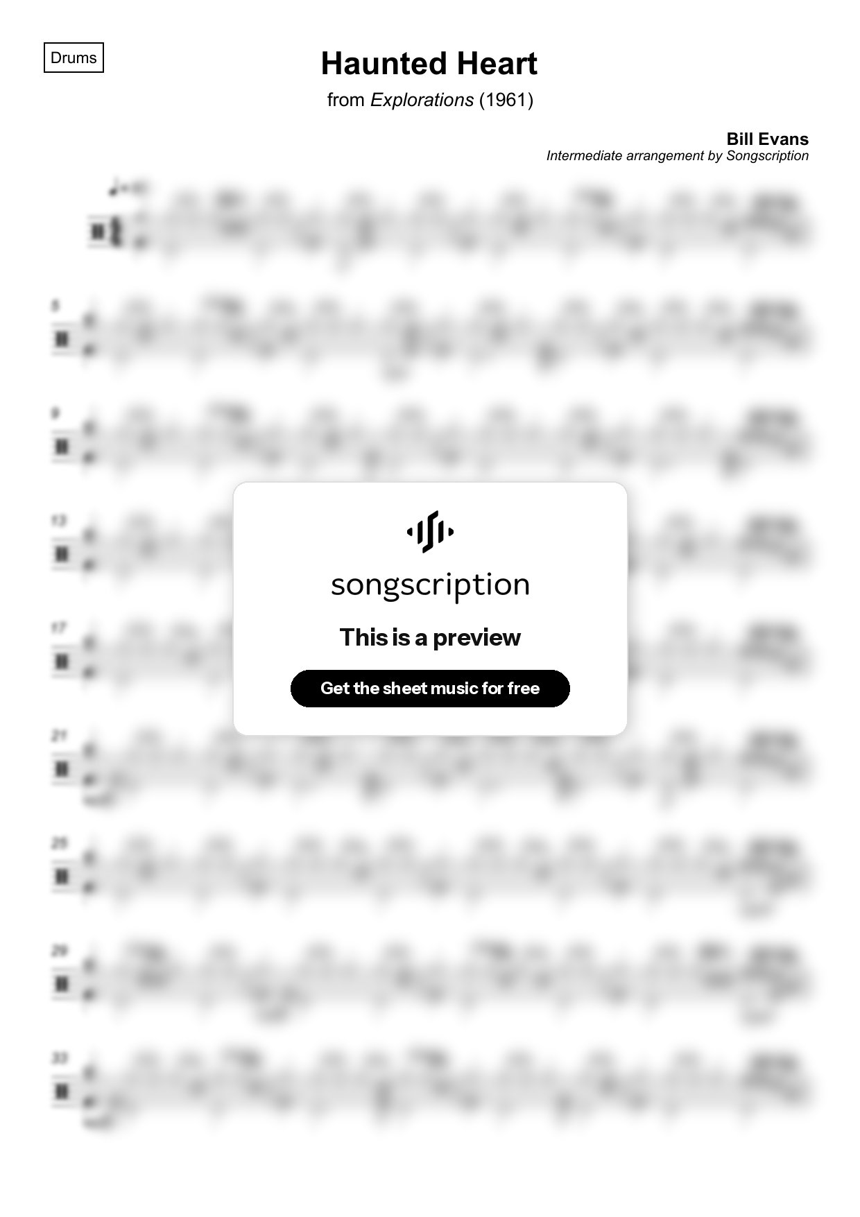 Intermediate Drums Sheet Music for "Haunted Heart" by Bill Evans