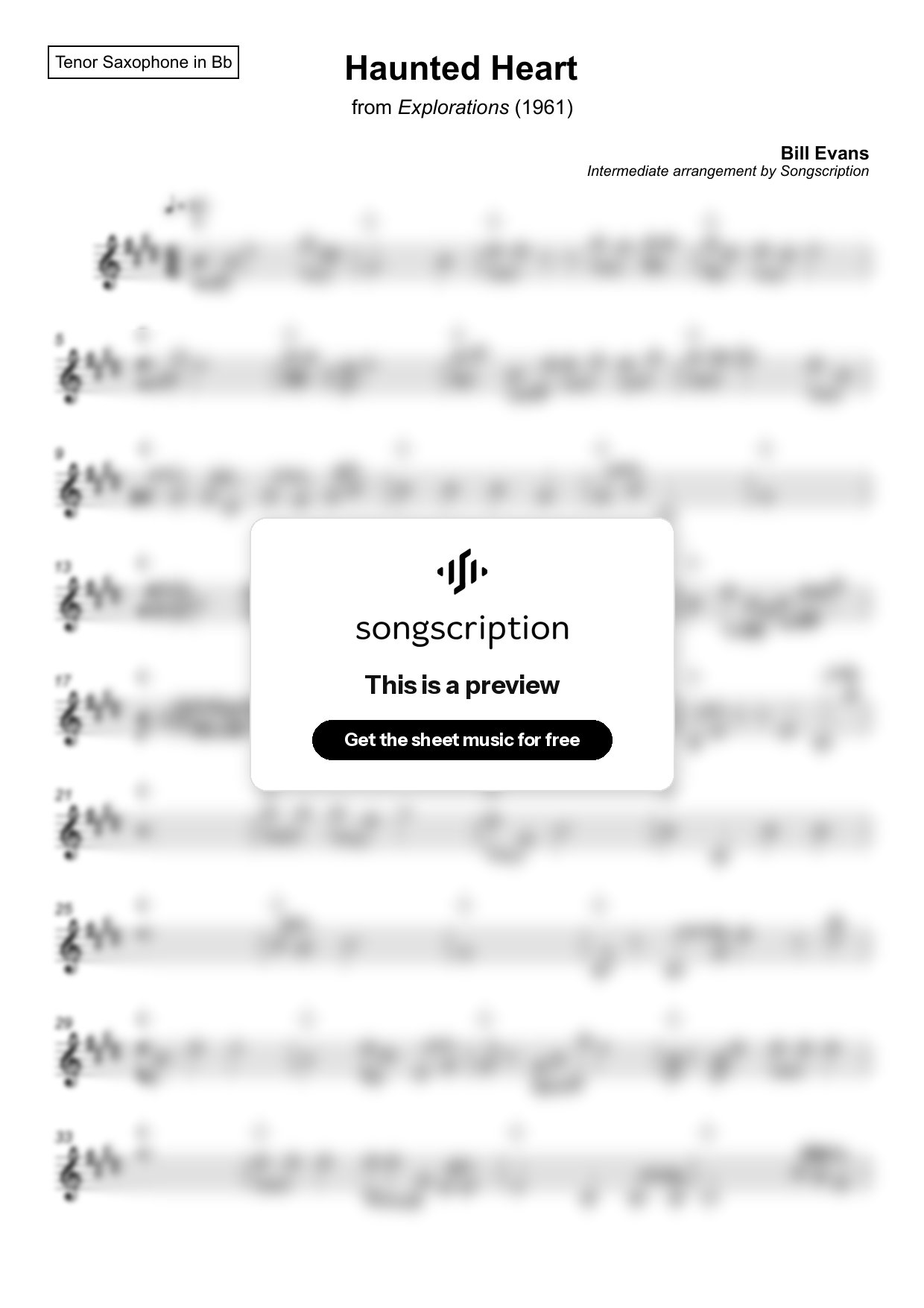 Intermediate Tenor Sax Sheet Music for "Haunted Heart" by Bill Evans