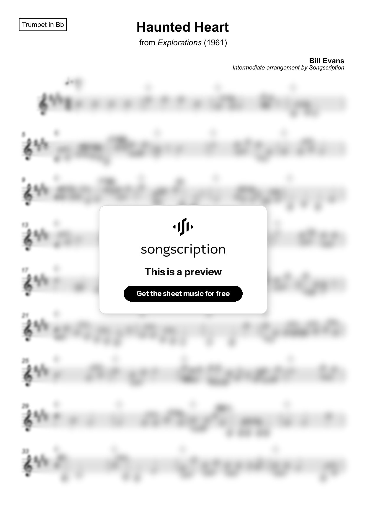 Intermediate Trumpet Sheet Music for "Haunted Heart" by Bill Evans
