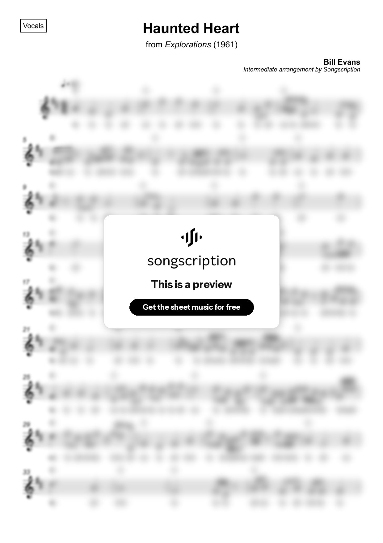 Intermediate Vocals Sheet Music for "Haunted Heart" by Bill Evans