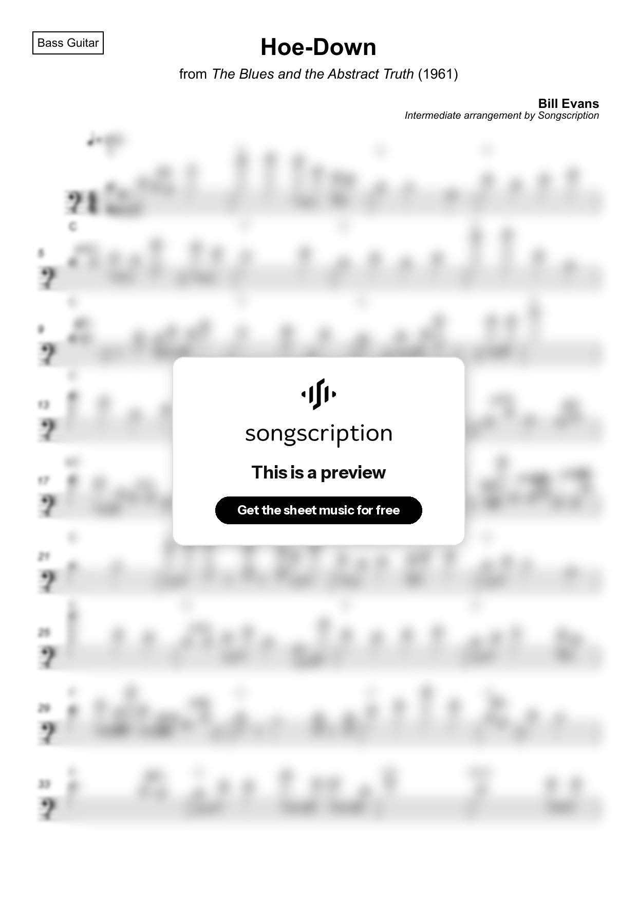 Intermediate Bass Guitar Sheet Music for "Hoe-Down" by Bill Evans