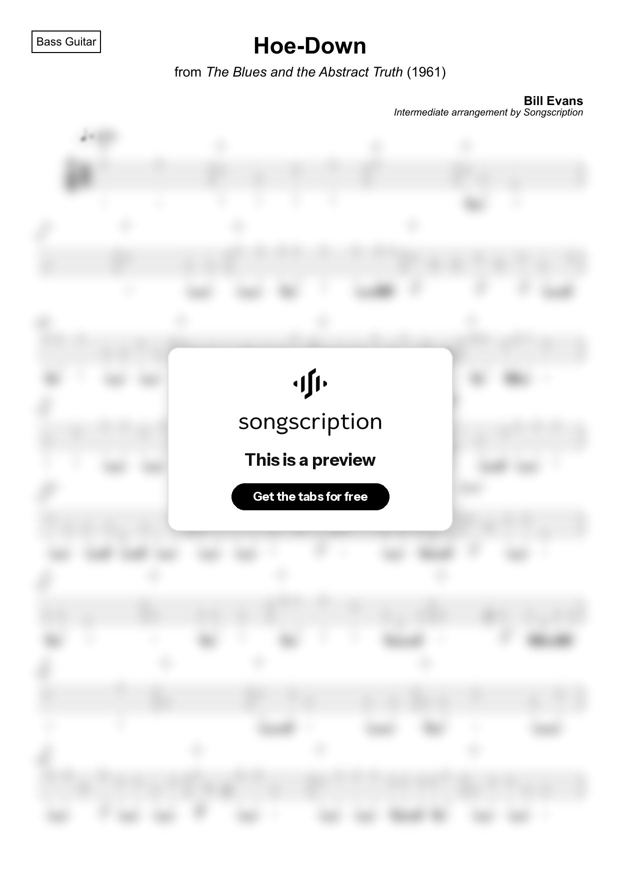 Intermediate Bass Guitar Tabs for "Hoe-Down" by Bill Evans