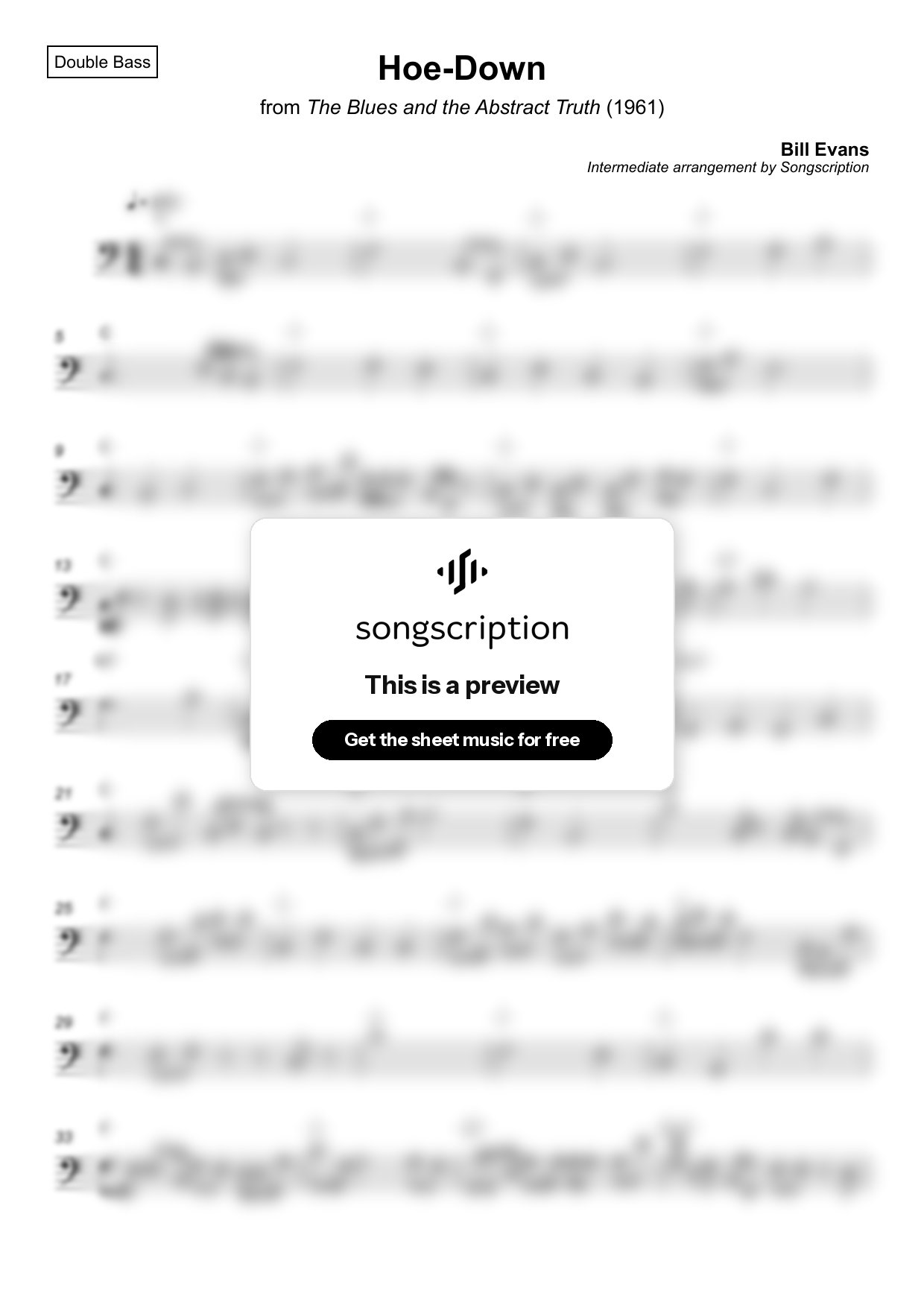 Intermediate Double Bass Sheet Music for "Hoe-Down" by Bill Evans
