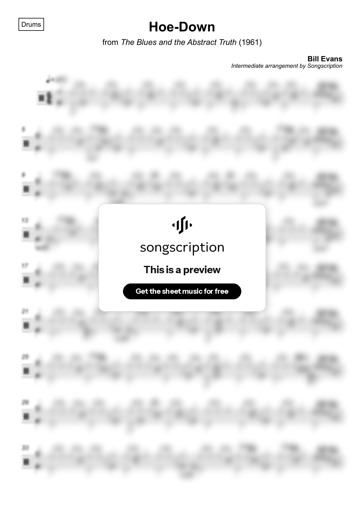 Intermediate Drums Sheet Music for "Hoe-Down" by Bill Evans