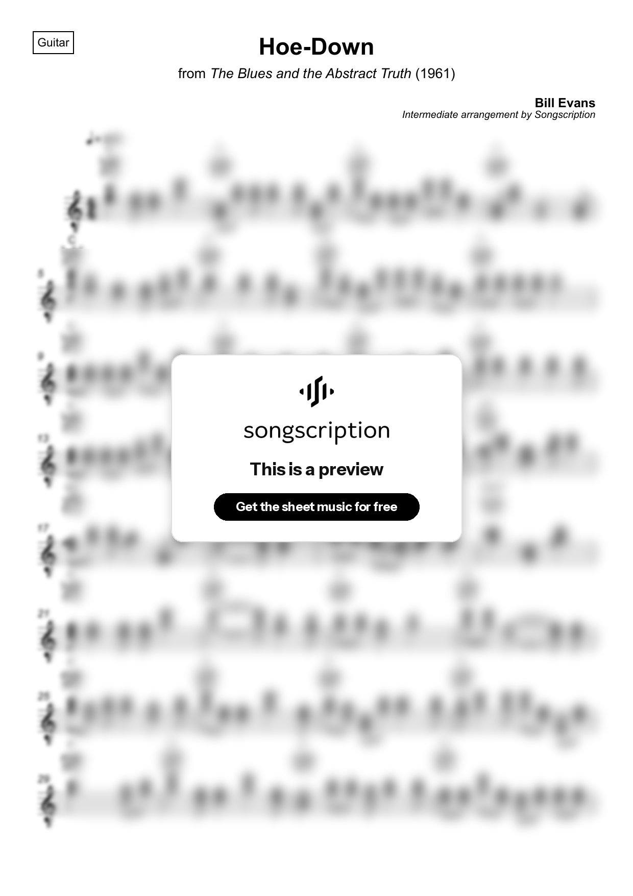 Intermediate Acoustic Guitar Sheet Music for "Hoe-Down" by Bill Evans
