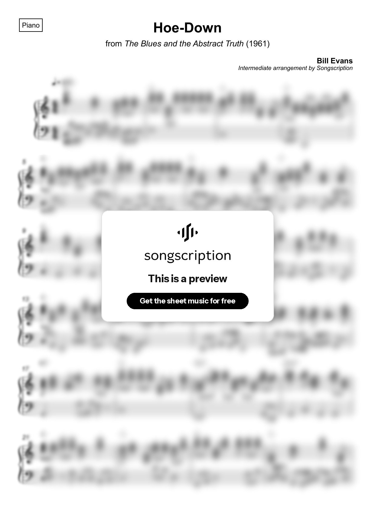 Intermediate Piano Sheet Music for "Hoe-Down" by Bill Evans
