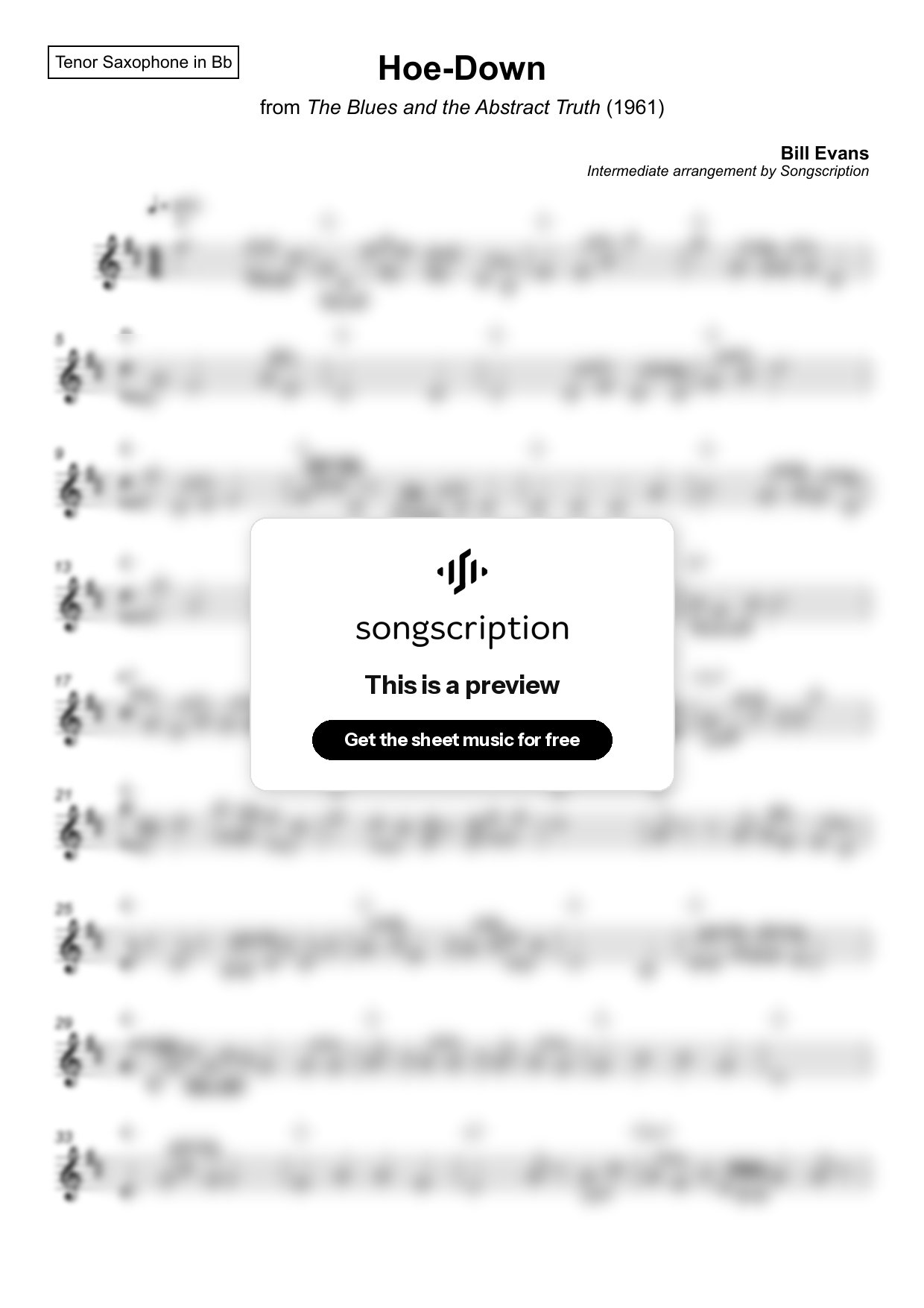 Intermediate Tenor Sax Sheet Music for "Hoe-Down" by Bill Evans