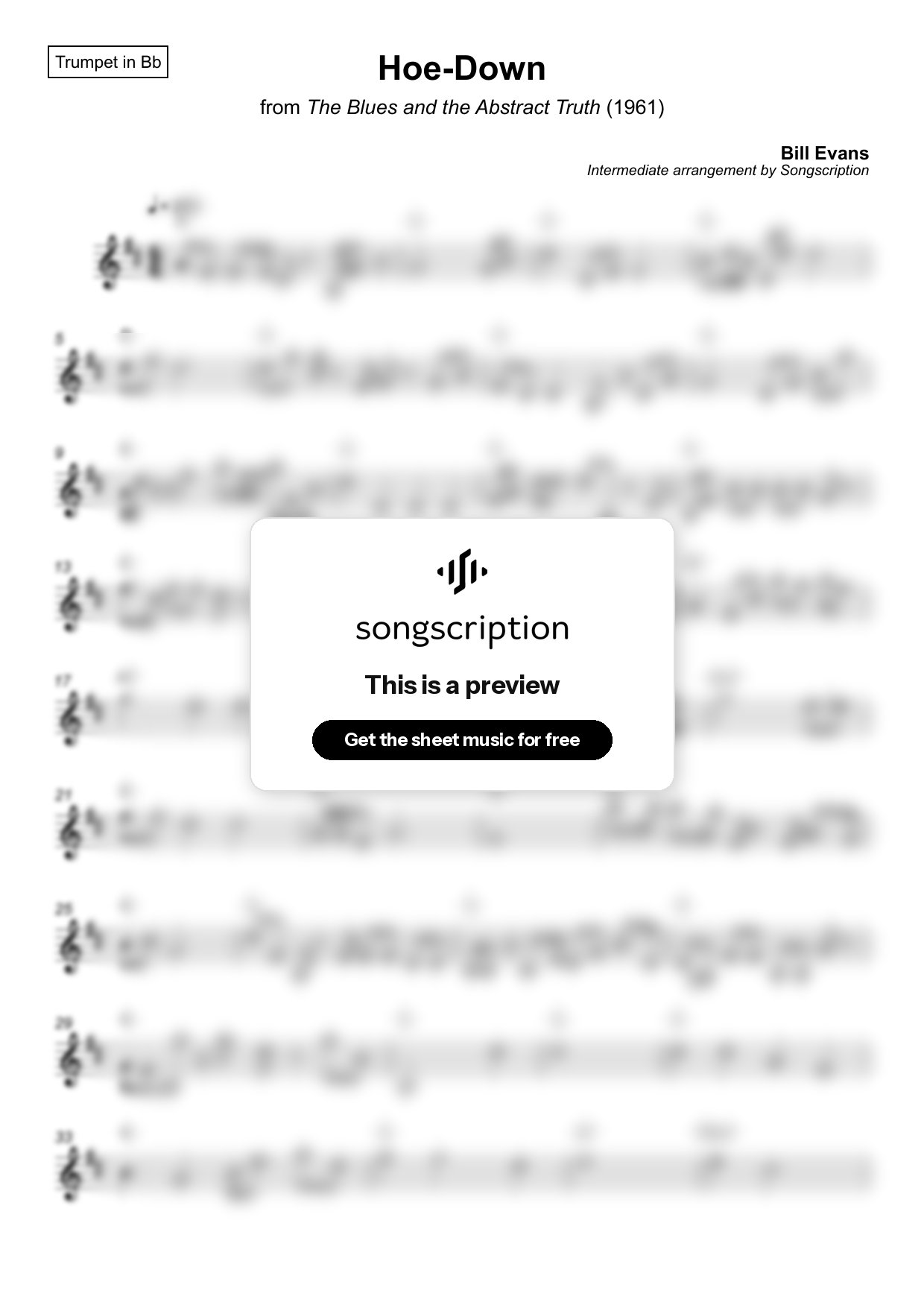 Intermediate Trumpet Sheet Music for "Hoe-Down" by Bill Evans