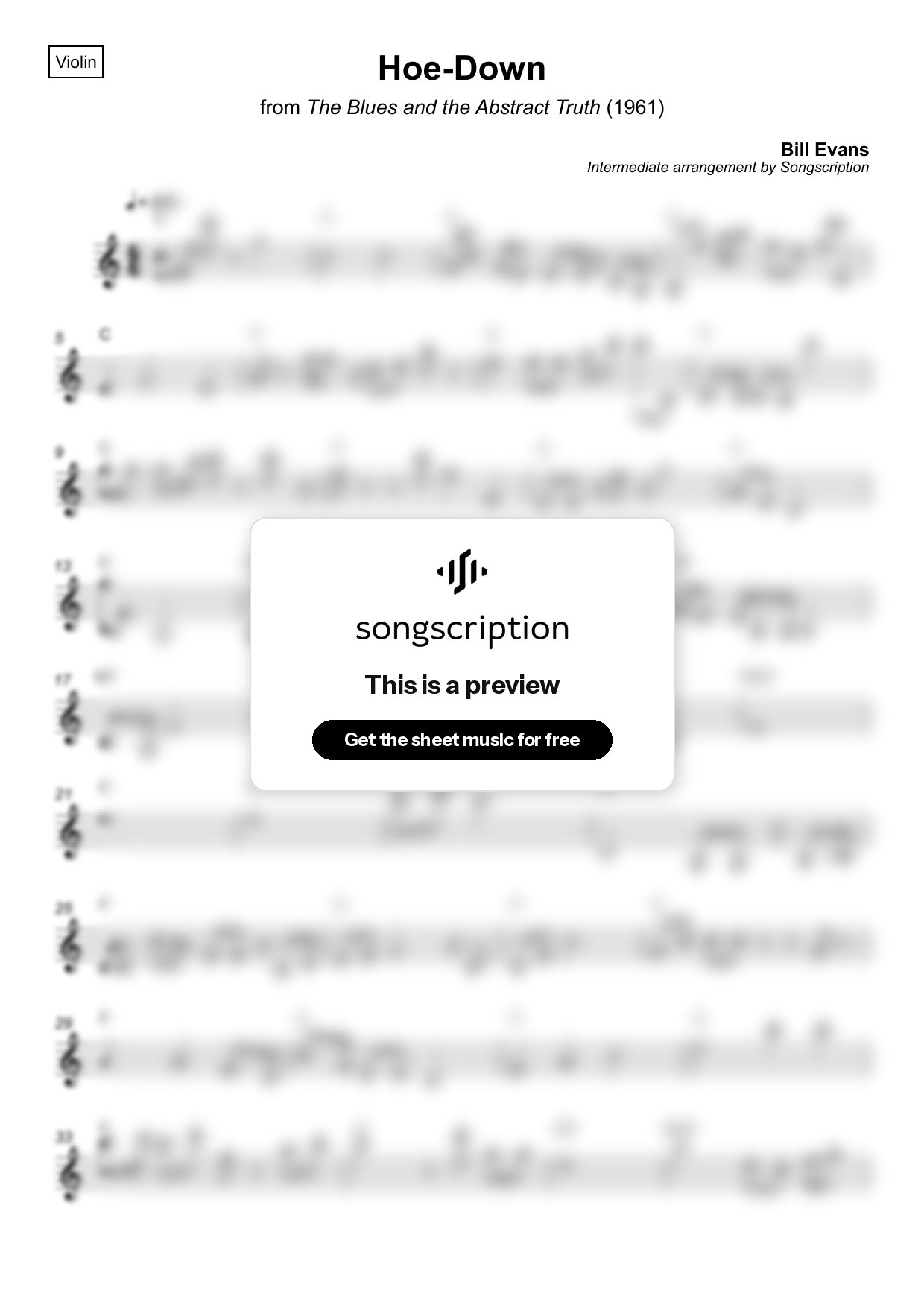Intermediate Violin Sheet Music for "Hoe-Down" by Bill Evans