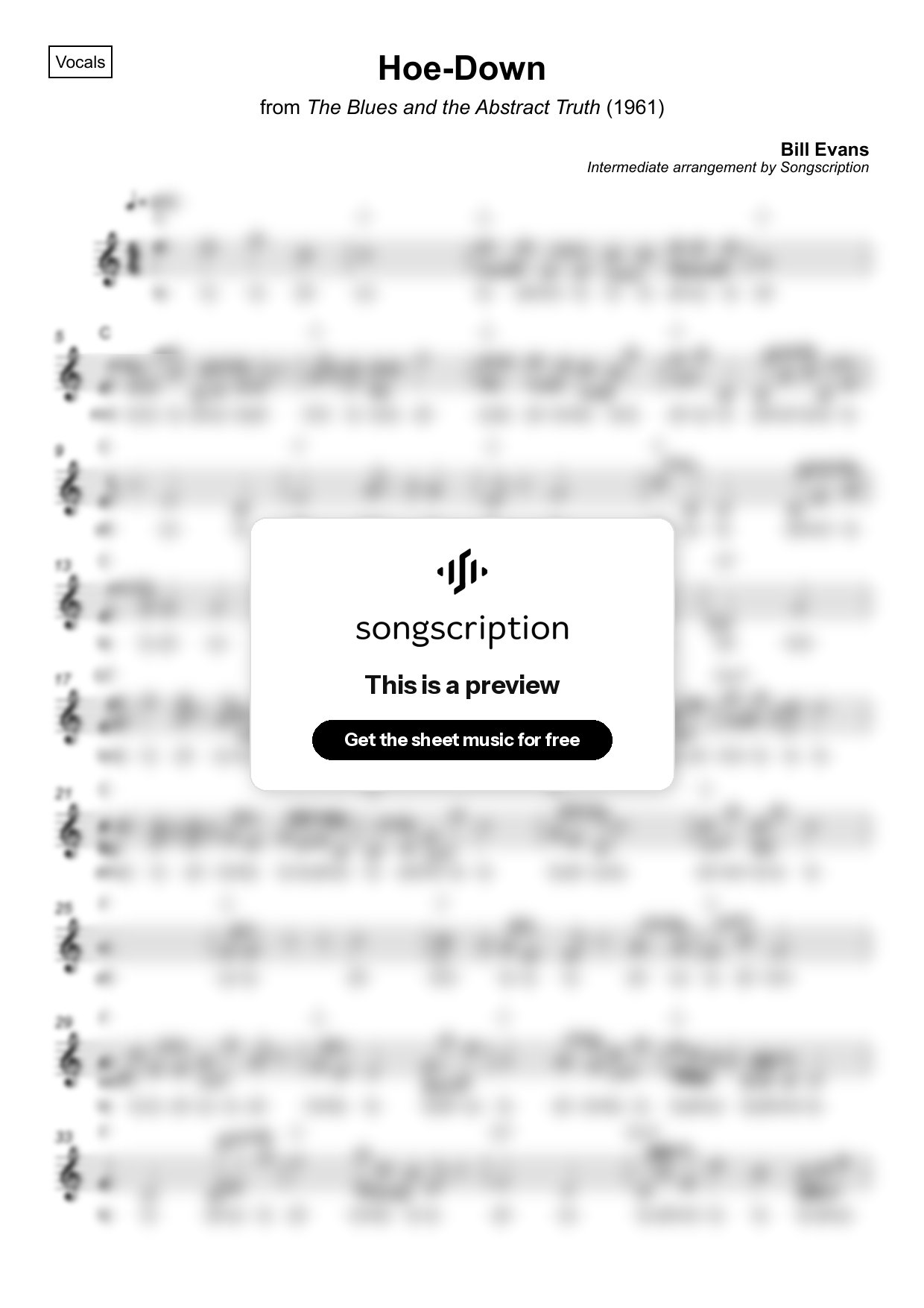 Intermediate Vocals Sheet Music for "Hoe-Down" by Bill Evans