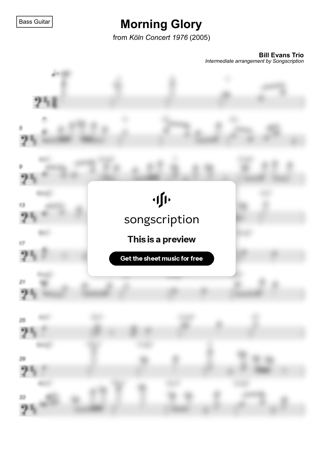 Intermediate Bass Guitar Sheet Music for "Morning Glory" by Bill Evans Trio