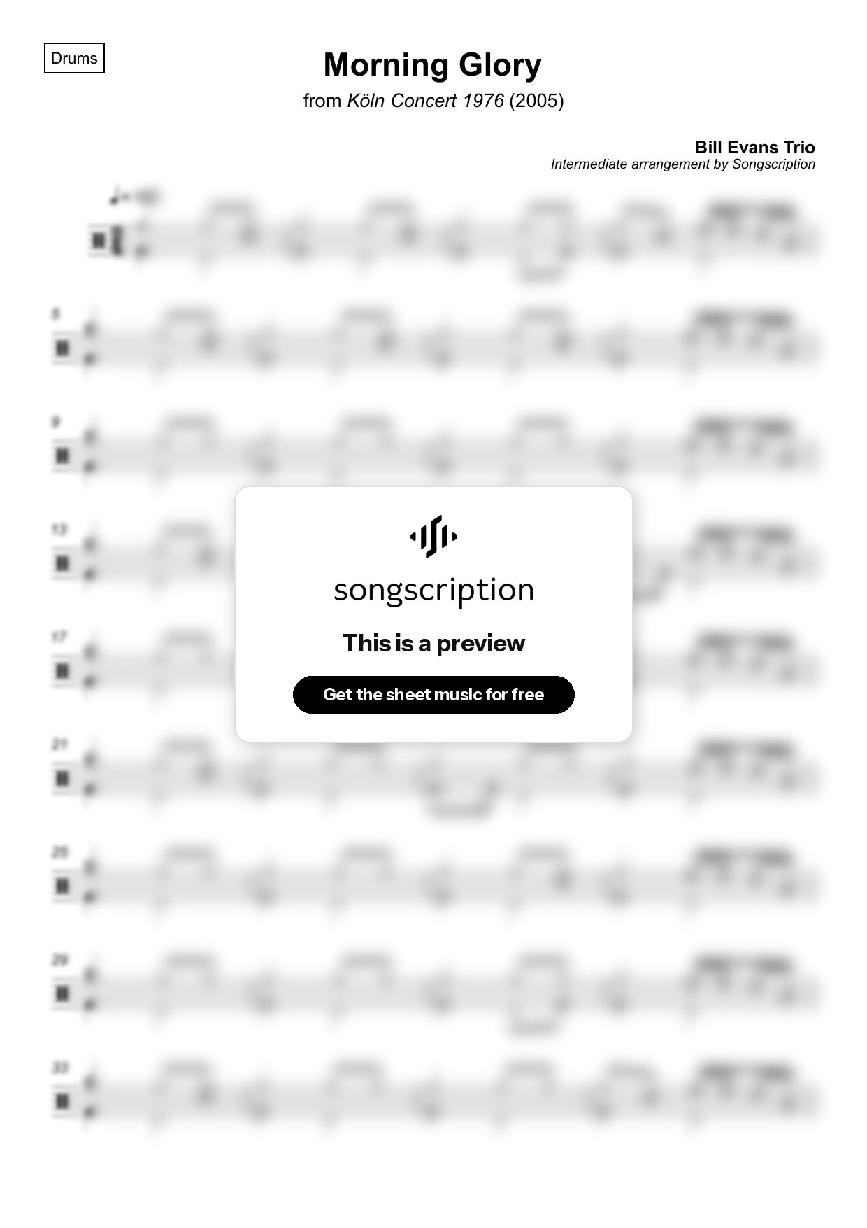 Intermediate Drums Sheet Music for "Morning Glory" by Bill Evans Trio