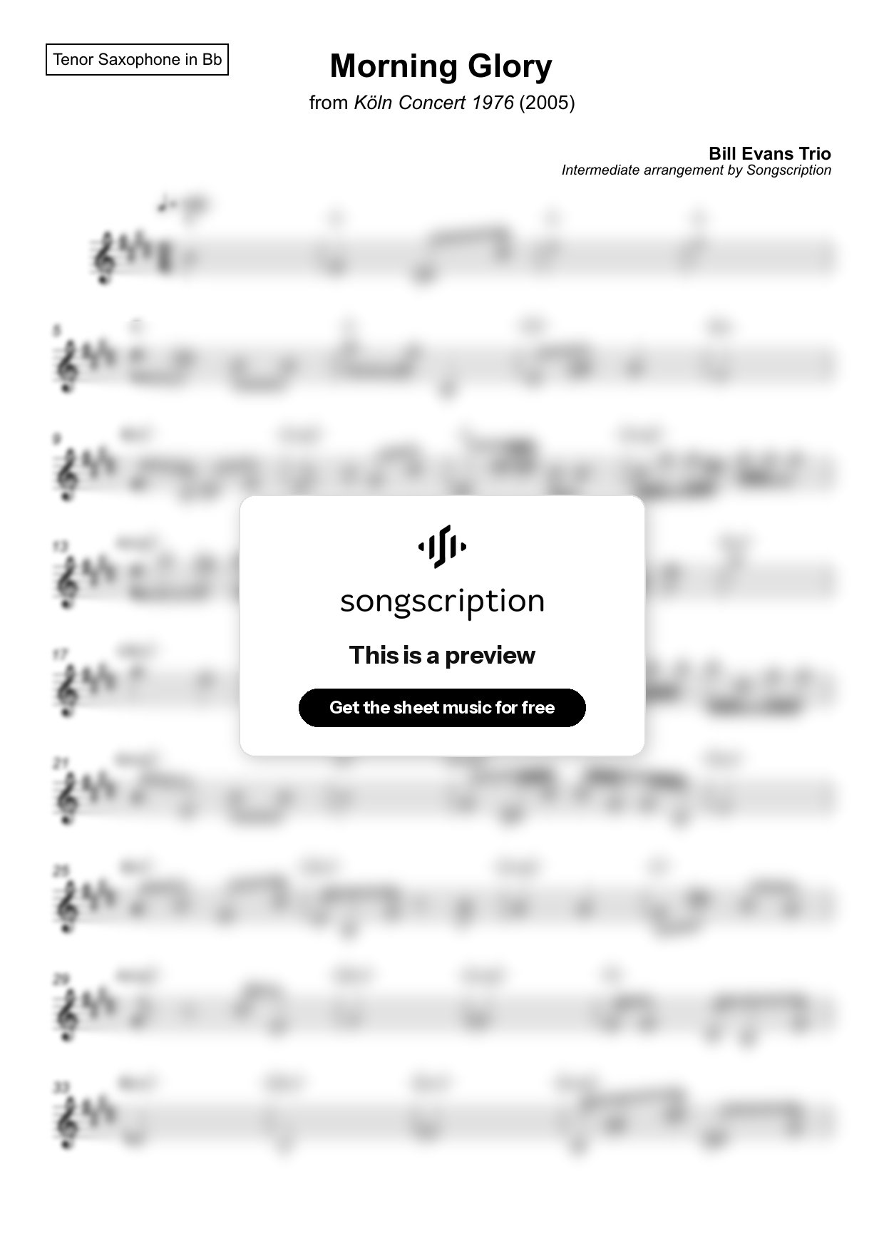 Intermediate Tenor Sax Sheet Music for "Morning Glory" by Bill Evans Trio