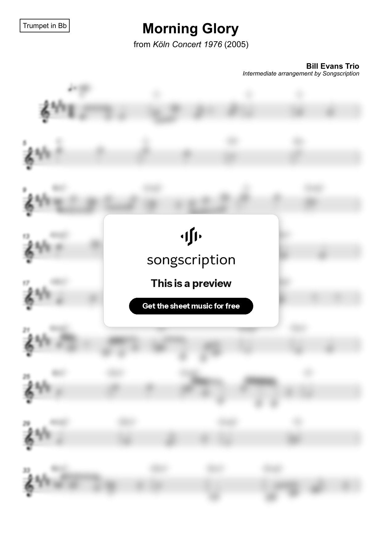 Intermediate Trumpet Sheet Music for "Morning Glory" by Bill Evans Trio