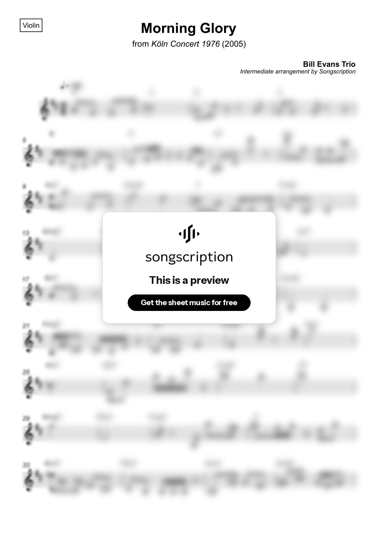 Intermediate Violin Sheet Music for "Morning Glory" by Bill Evans Trio