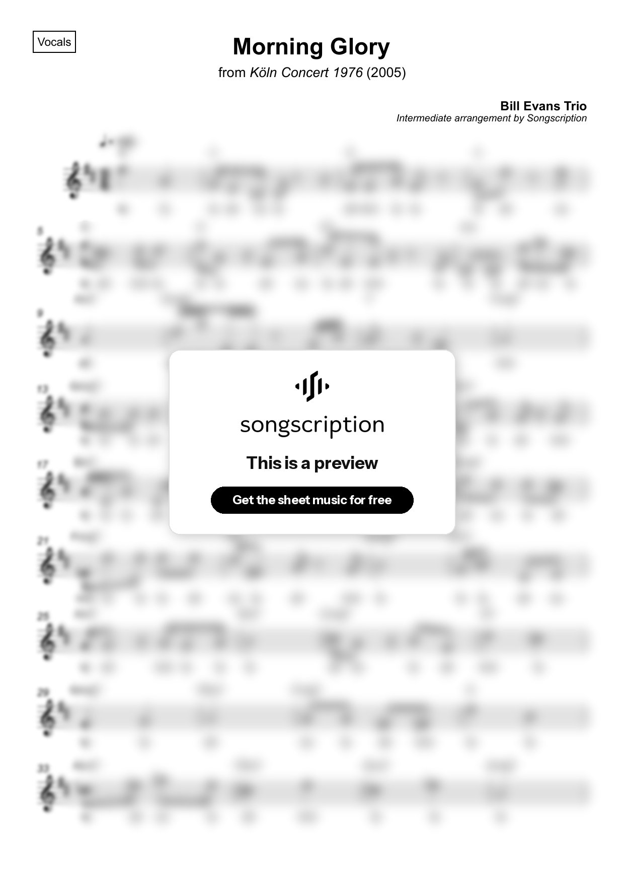 Intermediate Vocals Sheet Music for "Morning Glory" by Bill Evans Trio