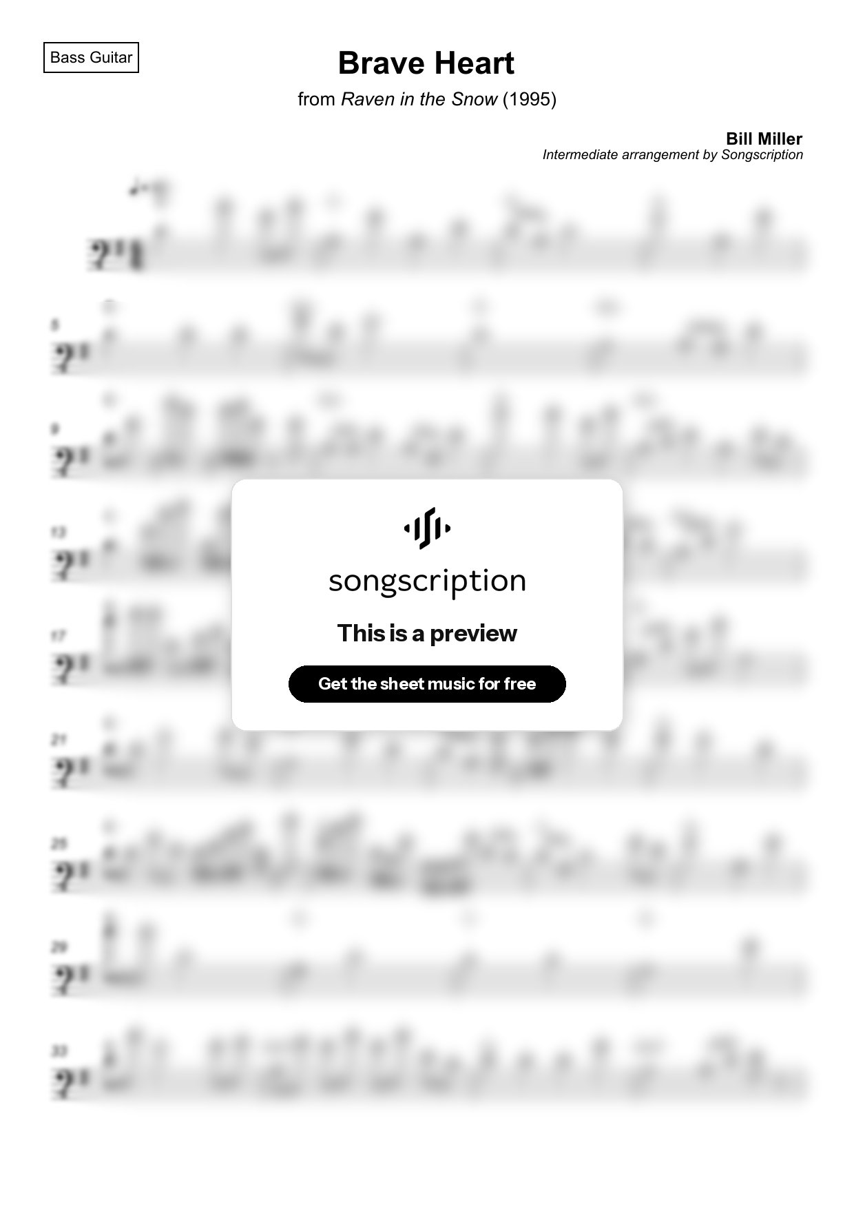 Intermediate Bass Guitar Sheet Music for "Brave Heart" by Bill Miller