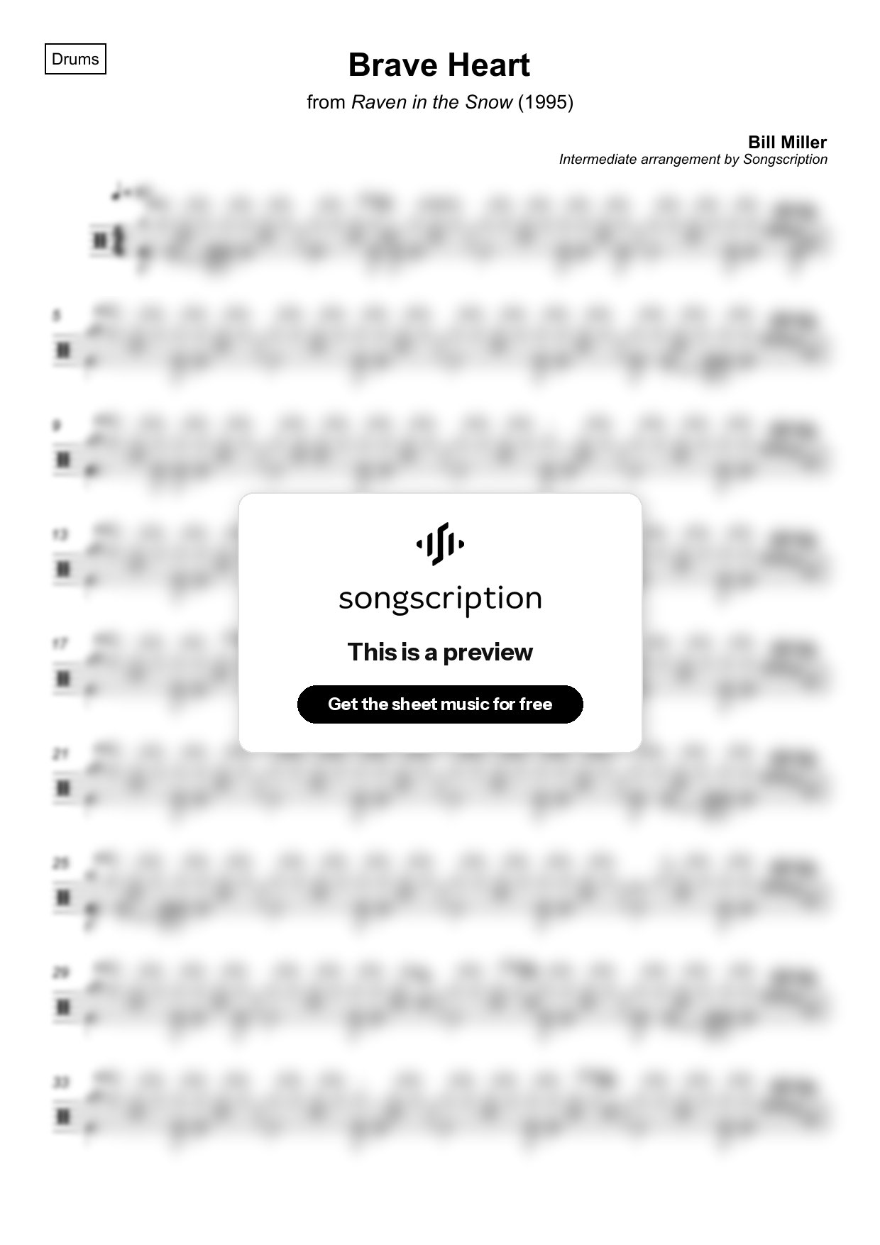 Intermediate Drums Sheet Music for "Brave Heart" by Bill Miller