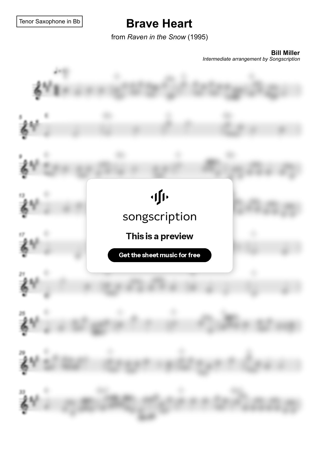 Intermediate Tenor Sax Sheet Music for "Brave Heart" by Bill Miller