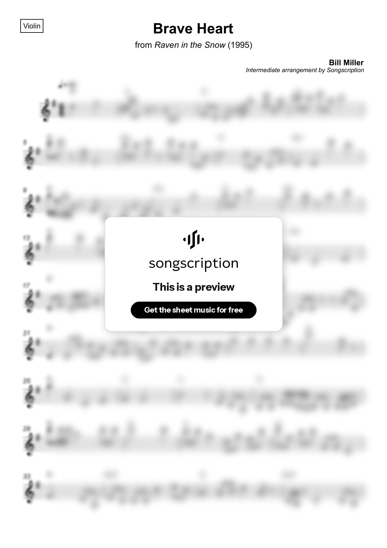 Intermediate Violin Sheet Music for "Brave Heart" by Bill Miller