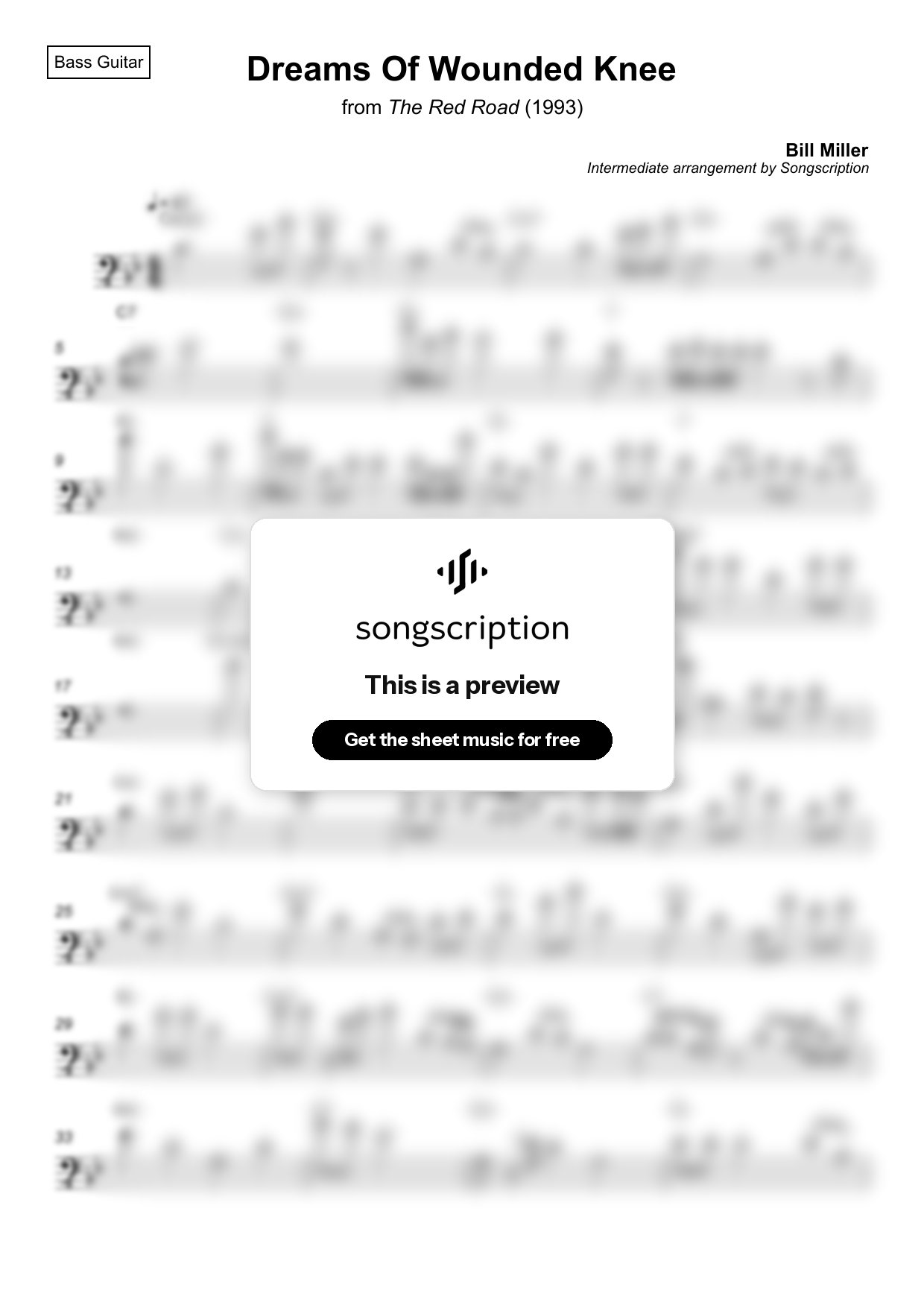 Intermediate Bass Guitar Sheet Music for "Dreams Of Wounded Knee" by Bill Miller