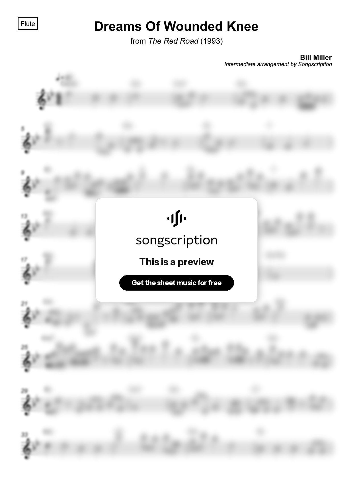 Intermediate Flute Sheet Music for "Dreams Of Wounded Knee" by Bill Miller