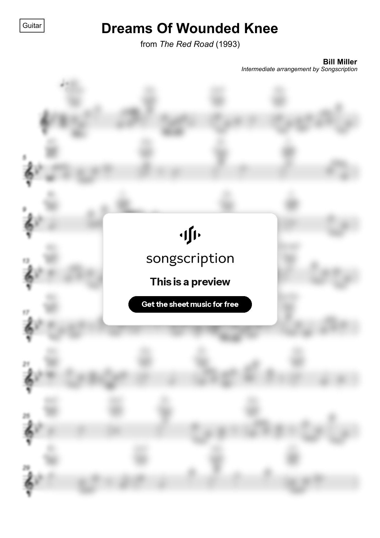 Intermediate Acoustic Guitar Sheet Music for "Dreams Of Wounded Knee" by Bill Miller